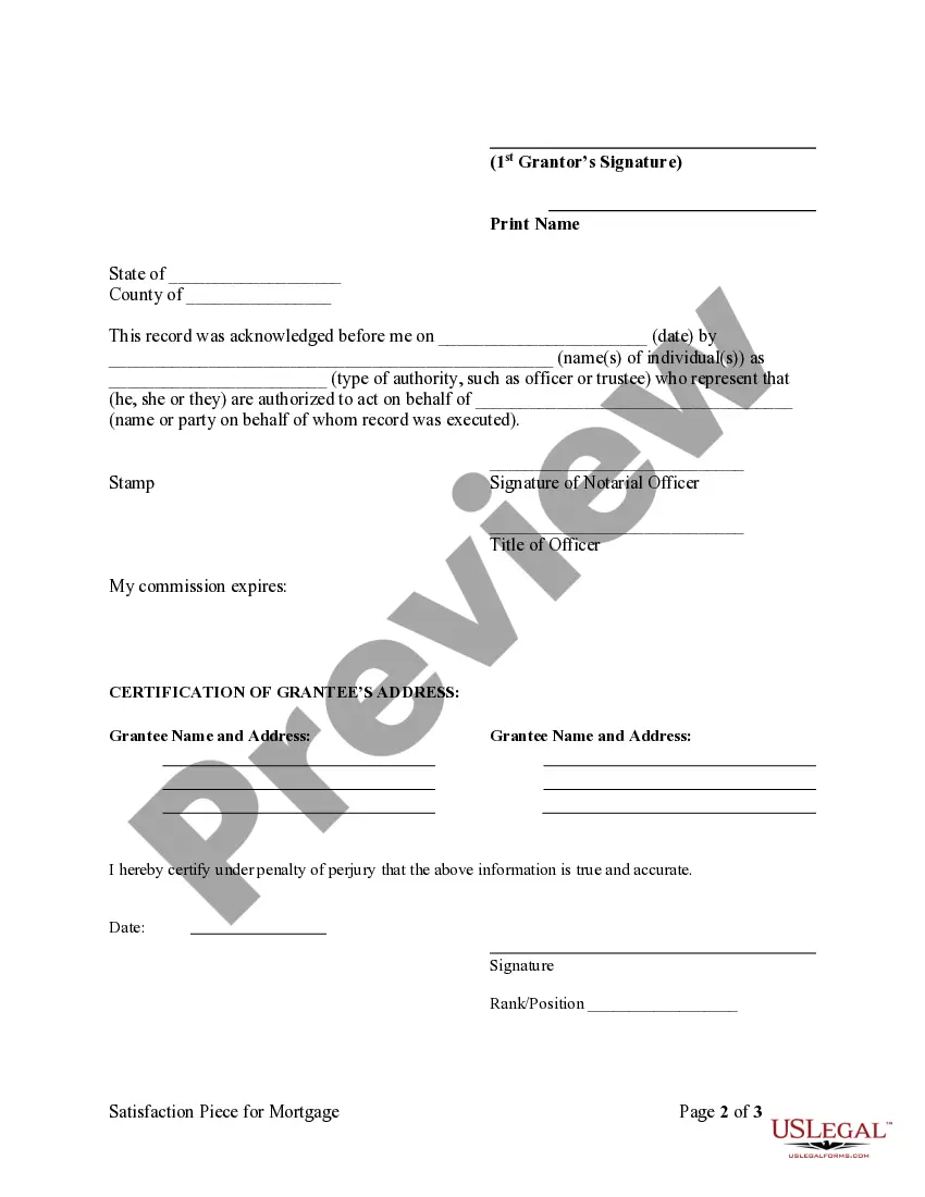 Preview Satisfaction Piece of Mortgage - Individual Lender or Holder