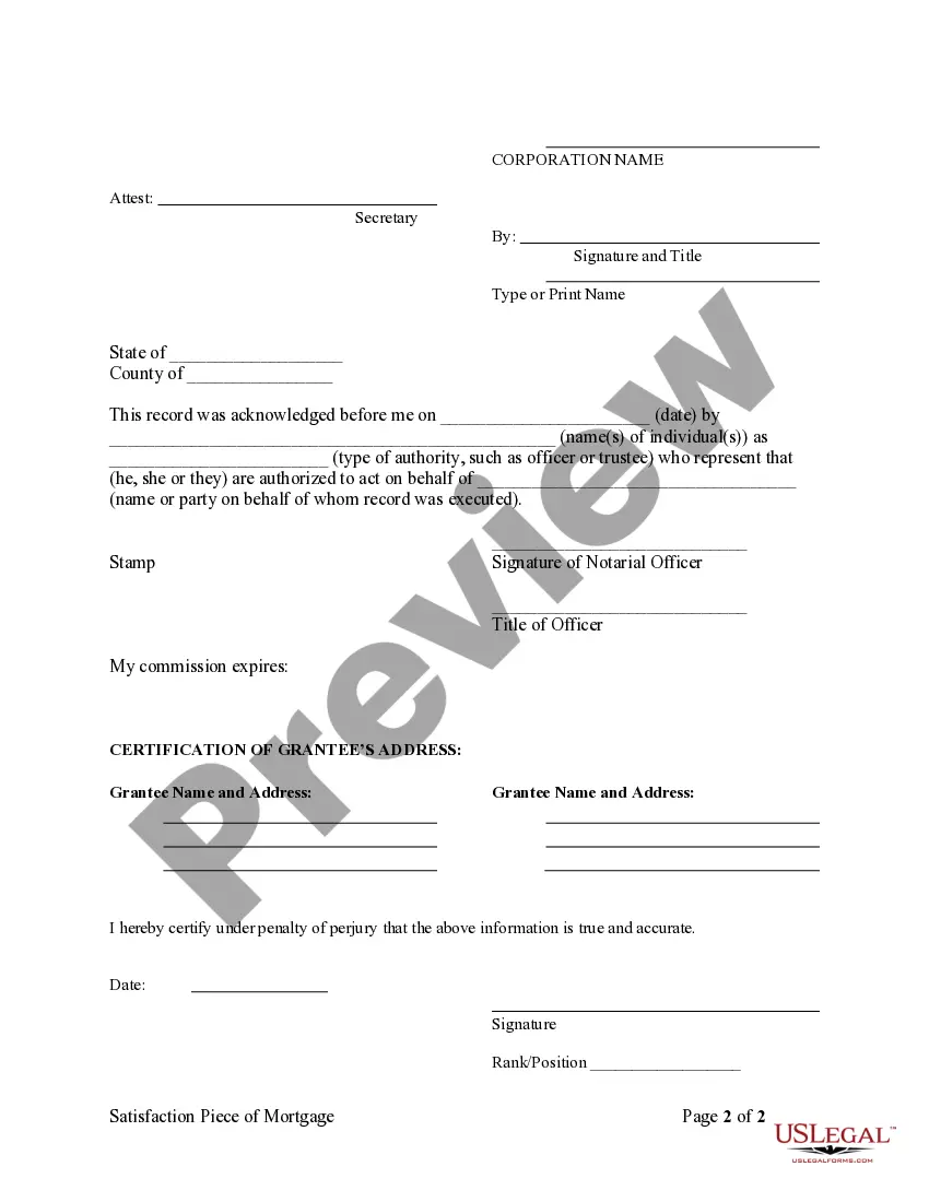 Preview Satisfaction Piece of Mortgage - by Corporate Lender