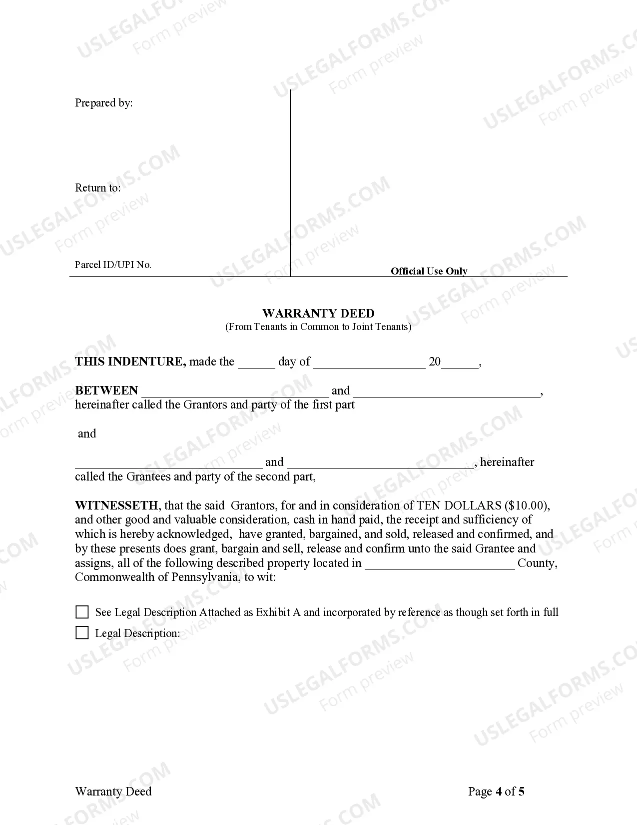 Preview Warranty Deed for Husband and Wife Converting Property from Tenants in Common to Joint Tenancy