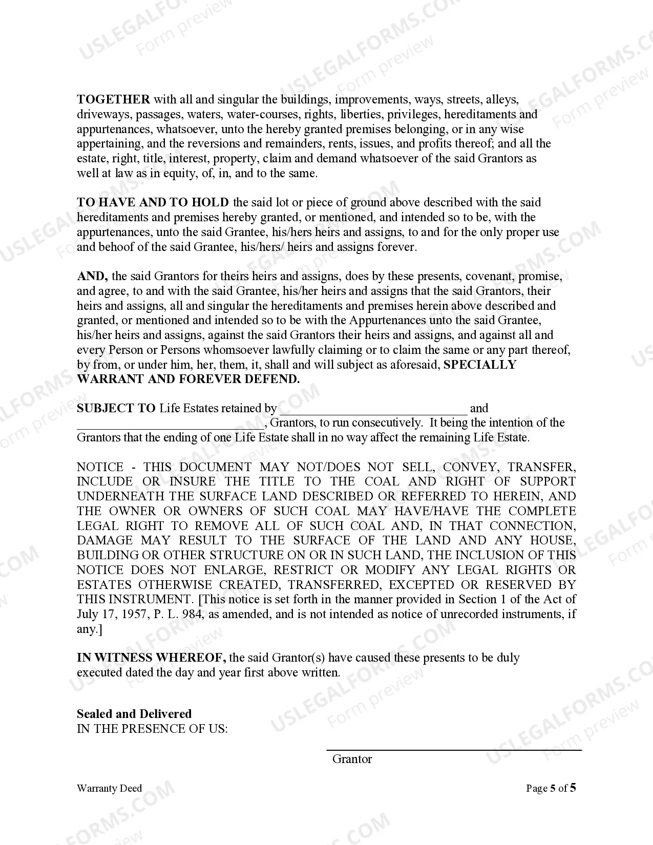 Preview Warranty Deed for Parents to Child with Reservation of Life Estate