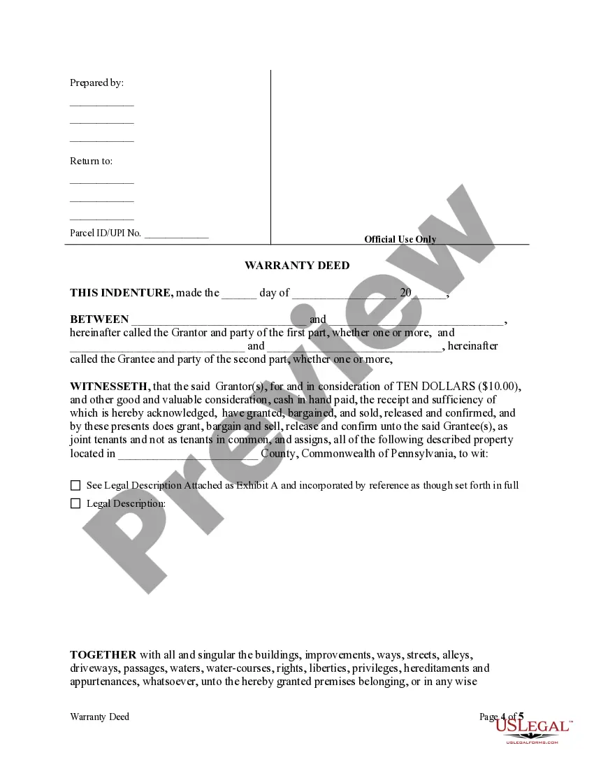 Preview Warranty Deed for Separate or Joint Property to Joint Tenancy
