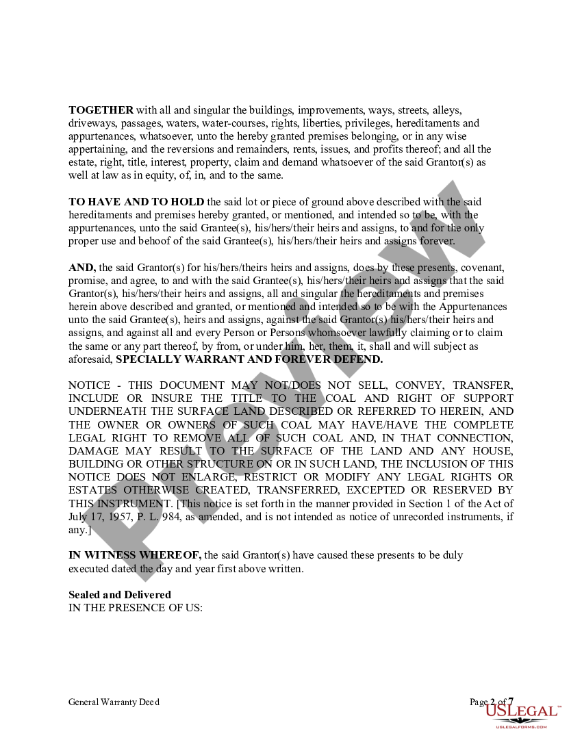 Pennsylvania General Warranty Deed for Waiver of Dower, Curtsey