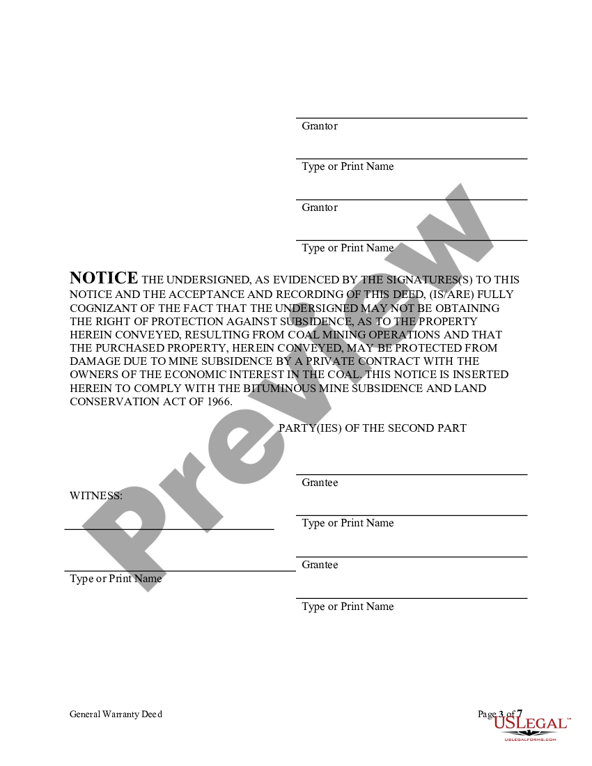 Pennsylvania General Warranty Deed for Waiver of Dower, Curtsey ...