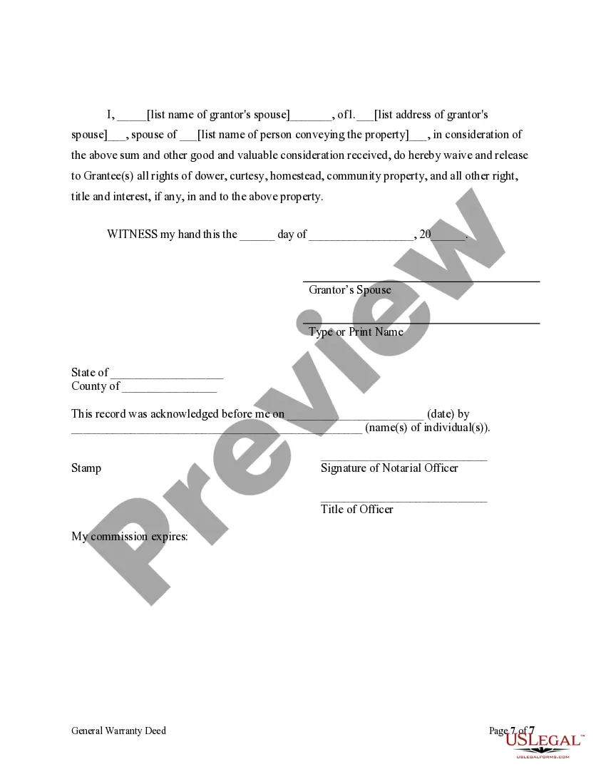 Preview General Warranty Deed for Waiver of Dower, Curtsey, Homestead, Etc.