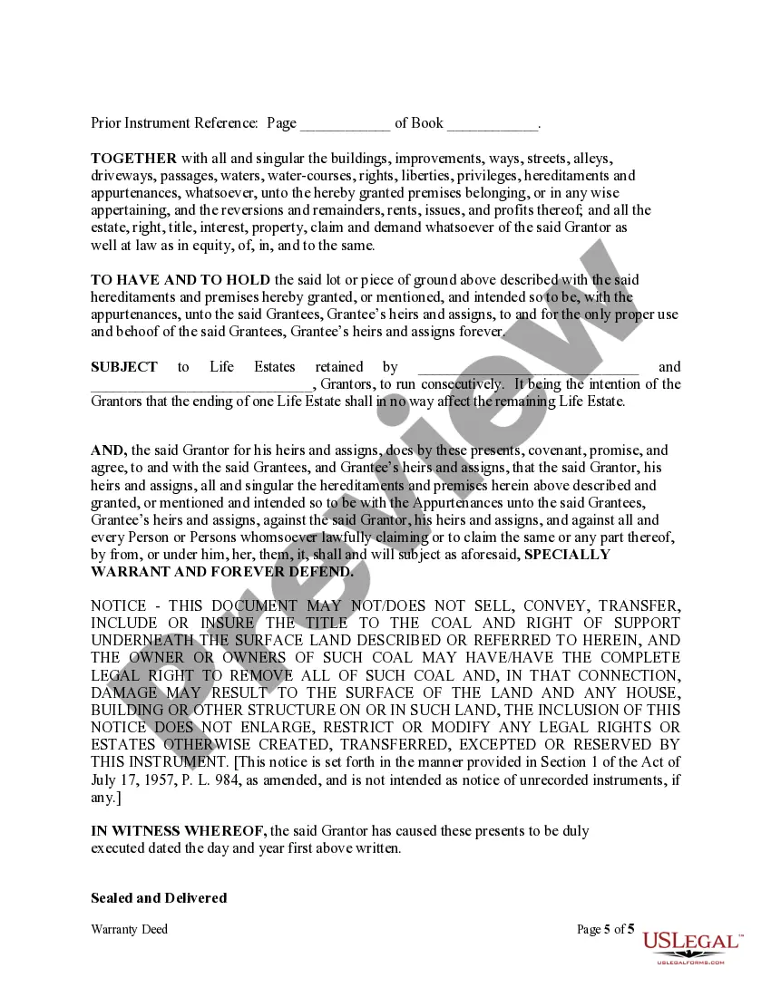 Preview Warranty Deed for Husband and Wife to Husband and Wife as Joint Tenants with Grantors Reserving Life Estate