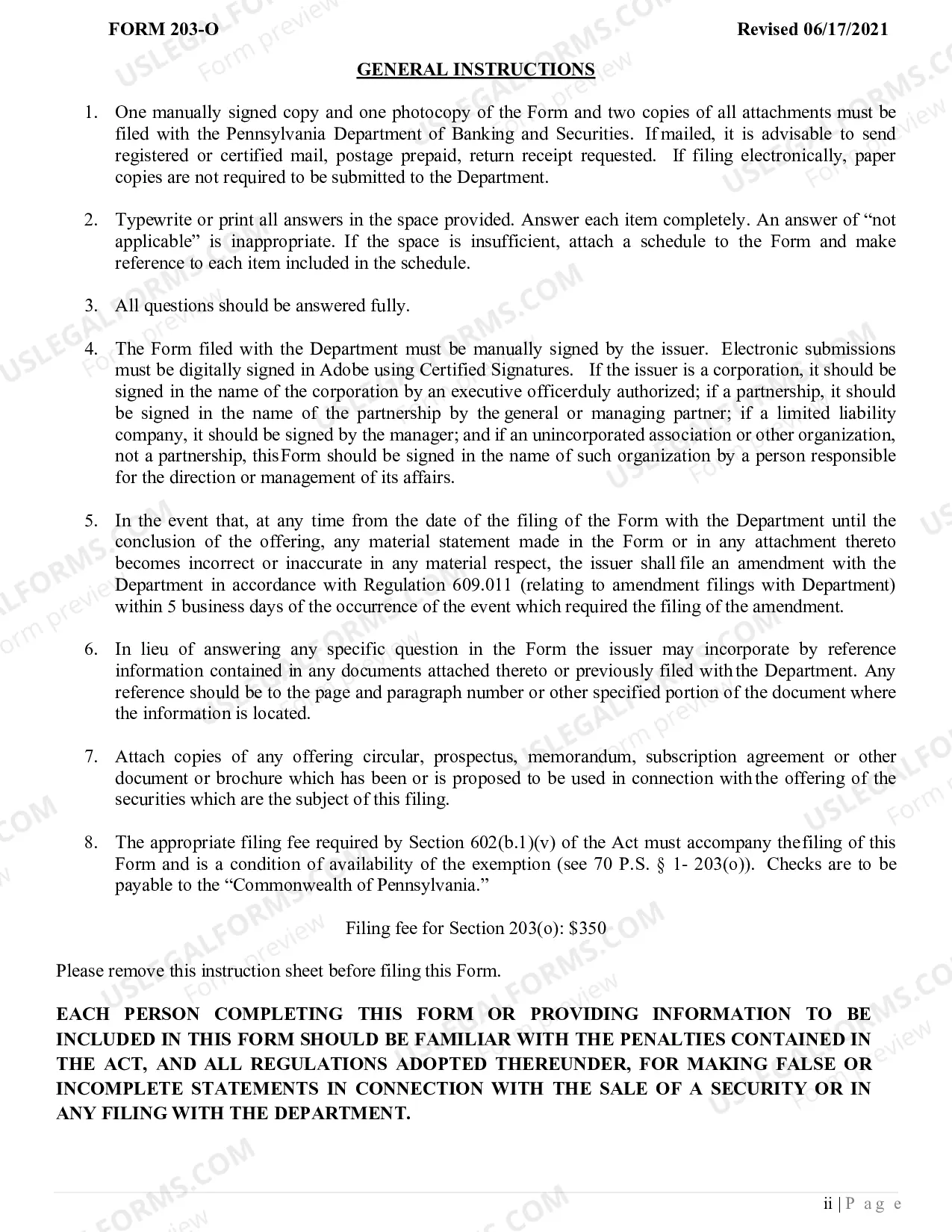 Preview Application Under Section 203(O) of The Pennsylvania Securities Act of 1972