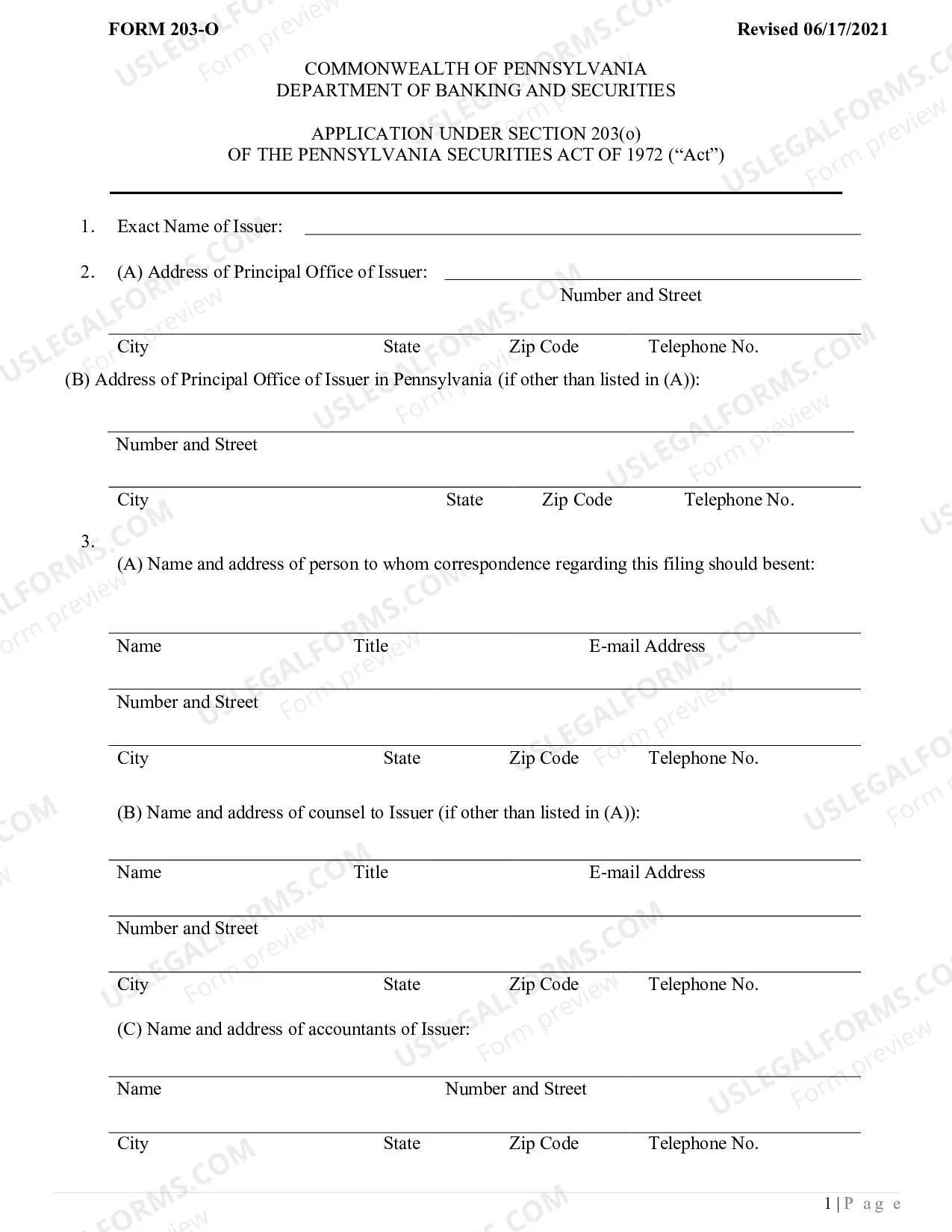 Preview Application Under Section 203(O) of The Pennsylvania Securities Act of 1972