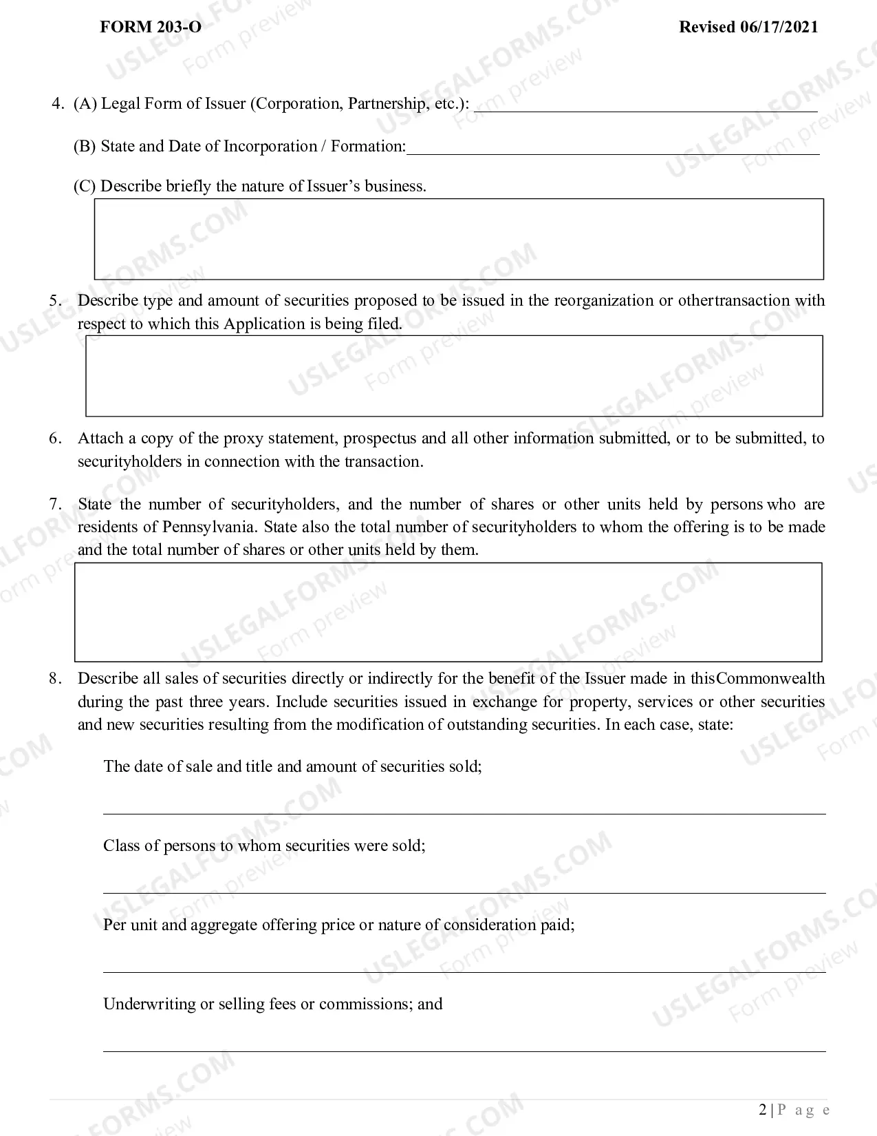 Preview Application Under Section 203(O) of The Pennsylvania Securities Act of 1972