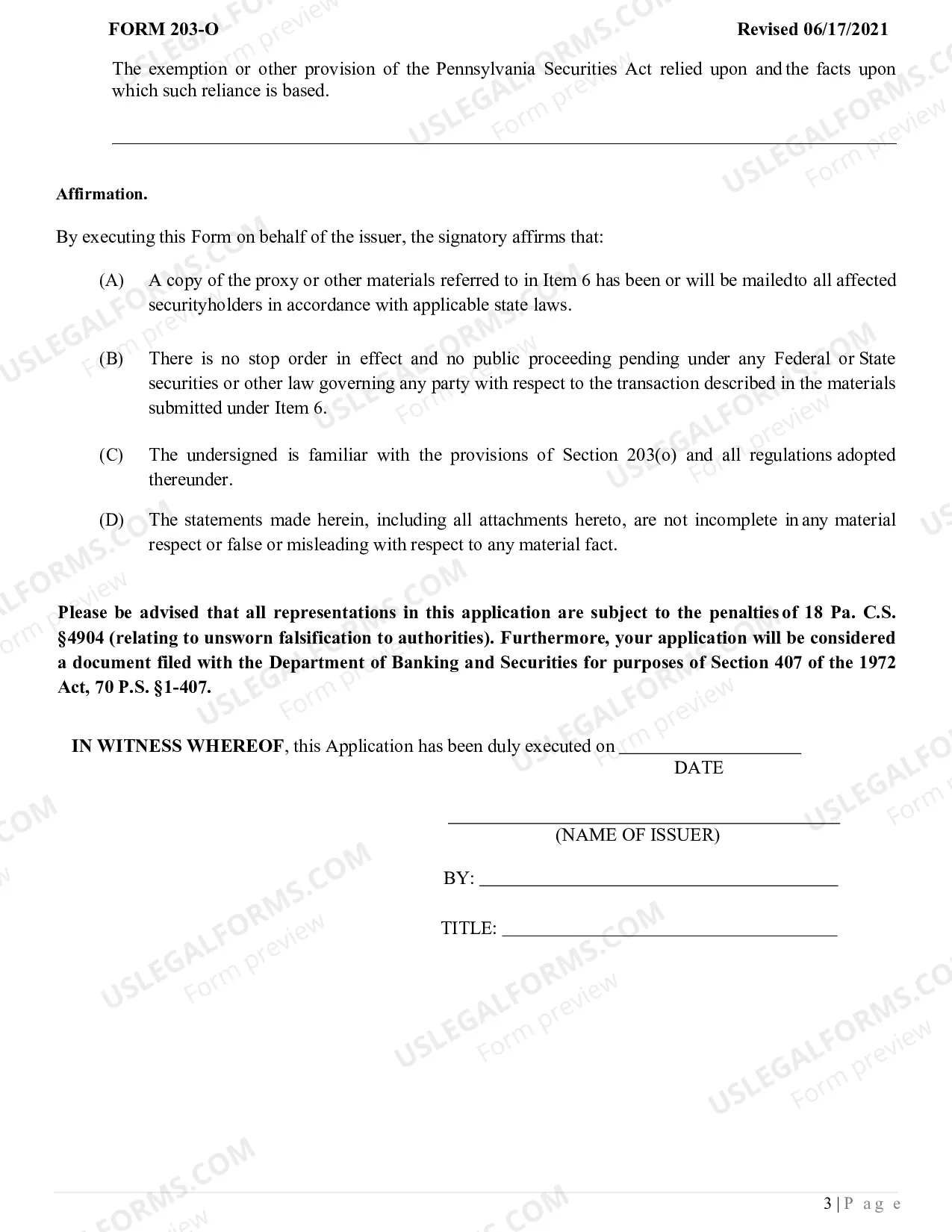 Preview Application Under Section 203(O) of The Pennsylvania Securities Act of 1972