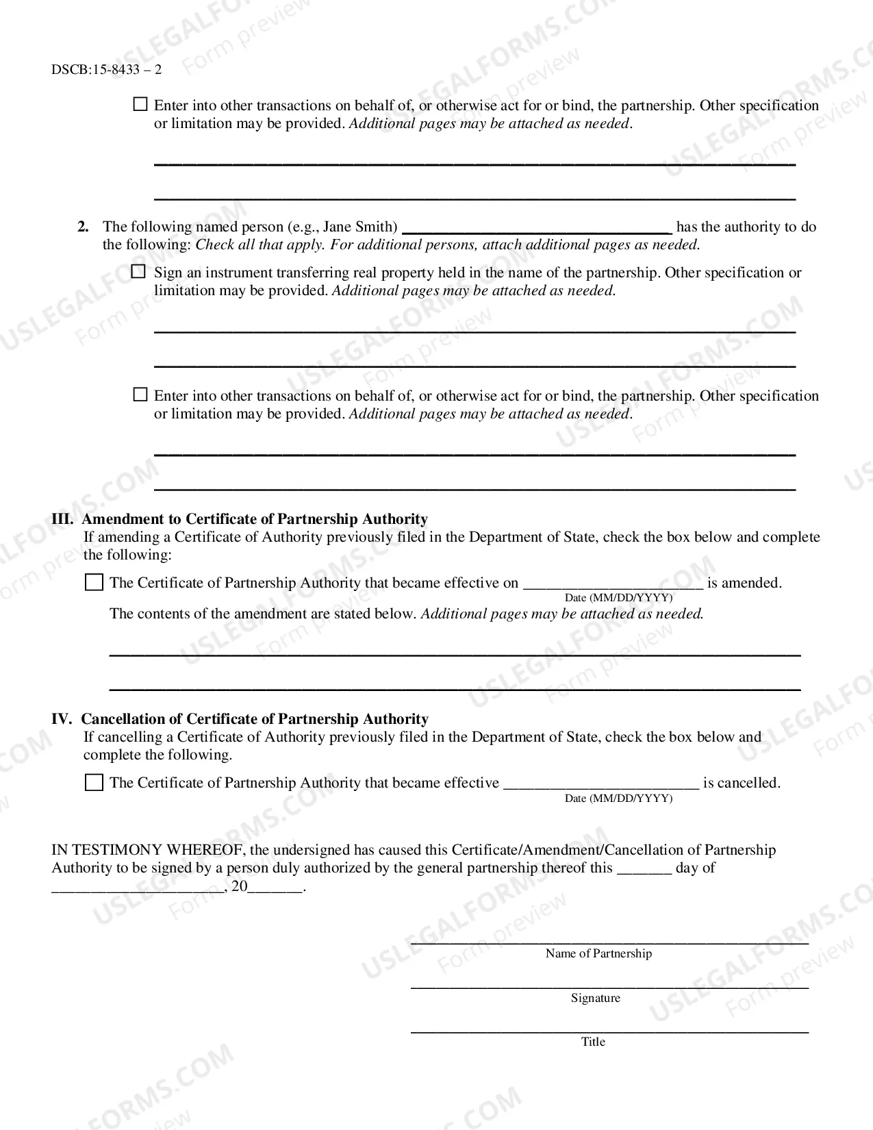 Preview Certificate of Partnership Authority