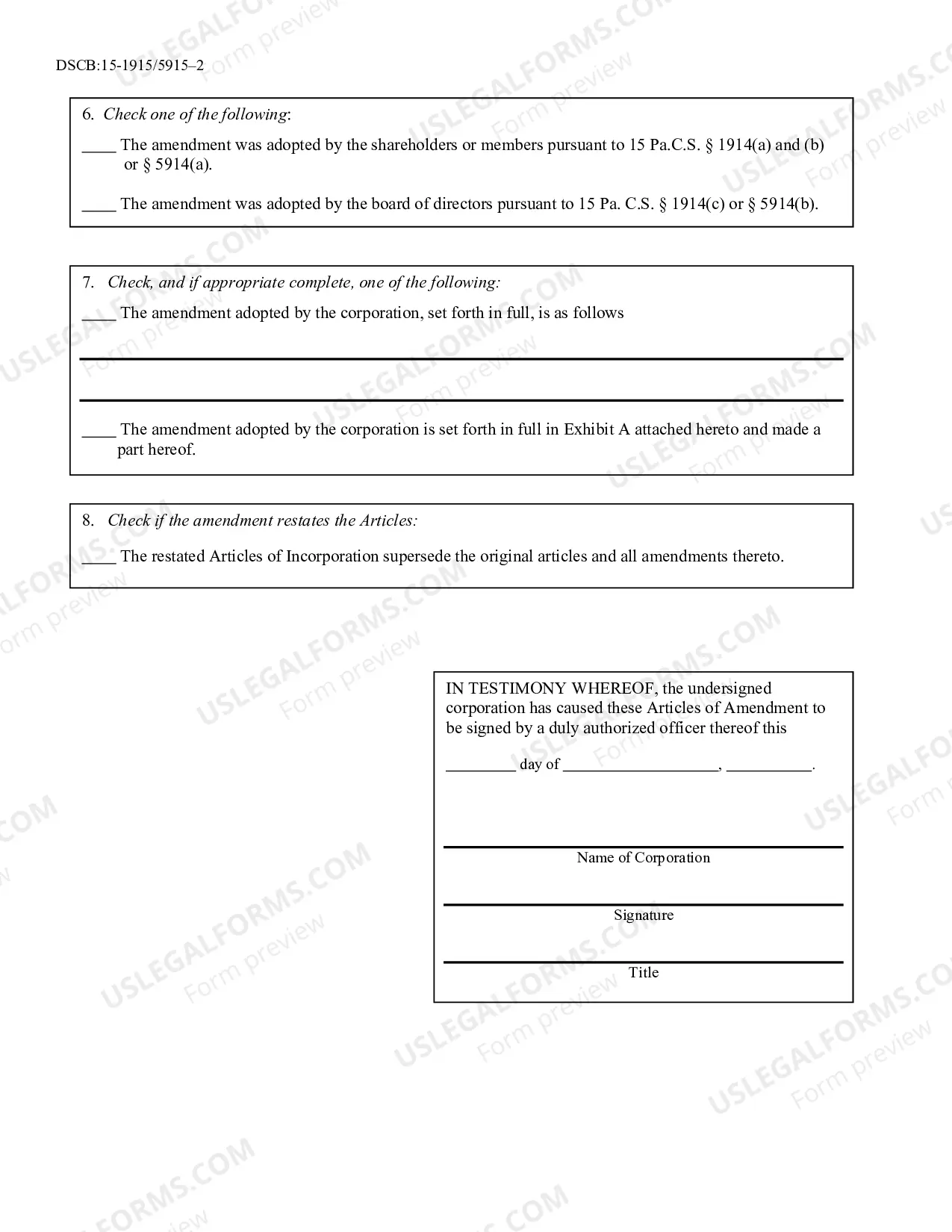Preview Articles of Amendment [DSCB: 15-1915/5915]