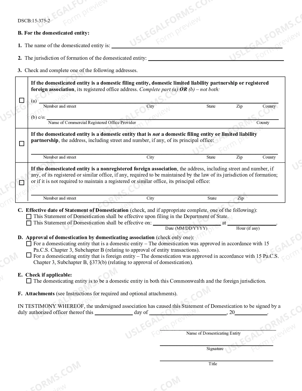 Preview Statement of Domestication [DSCB:15-375]