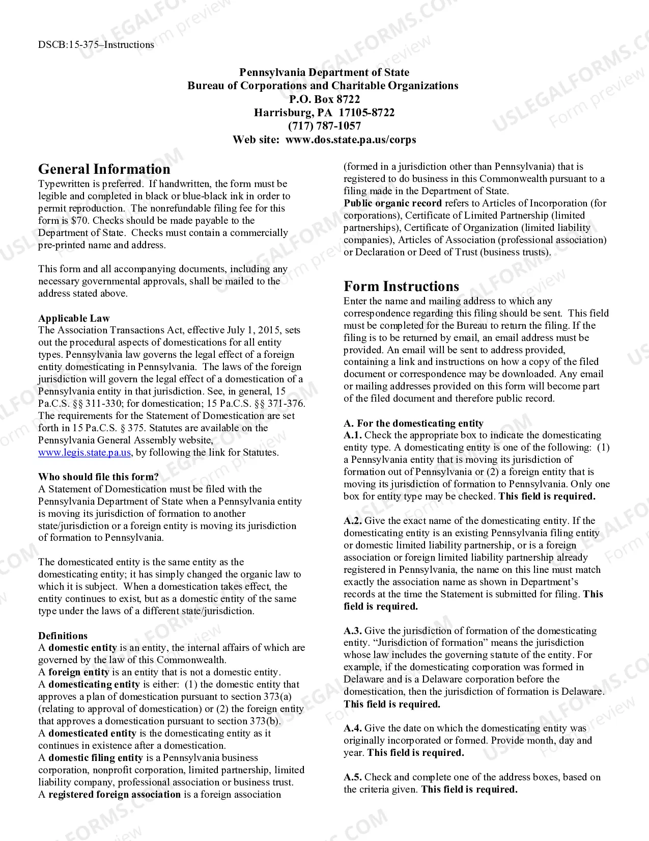 Preview Statement of Domestication [DSCB:15-375]