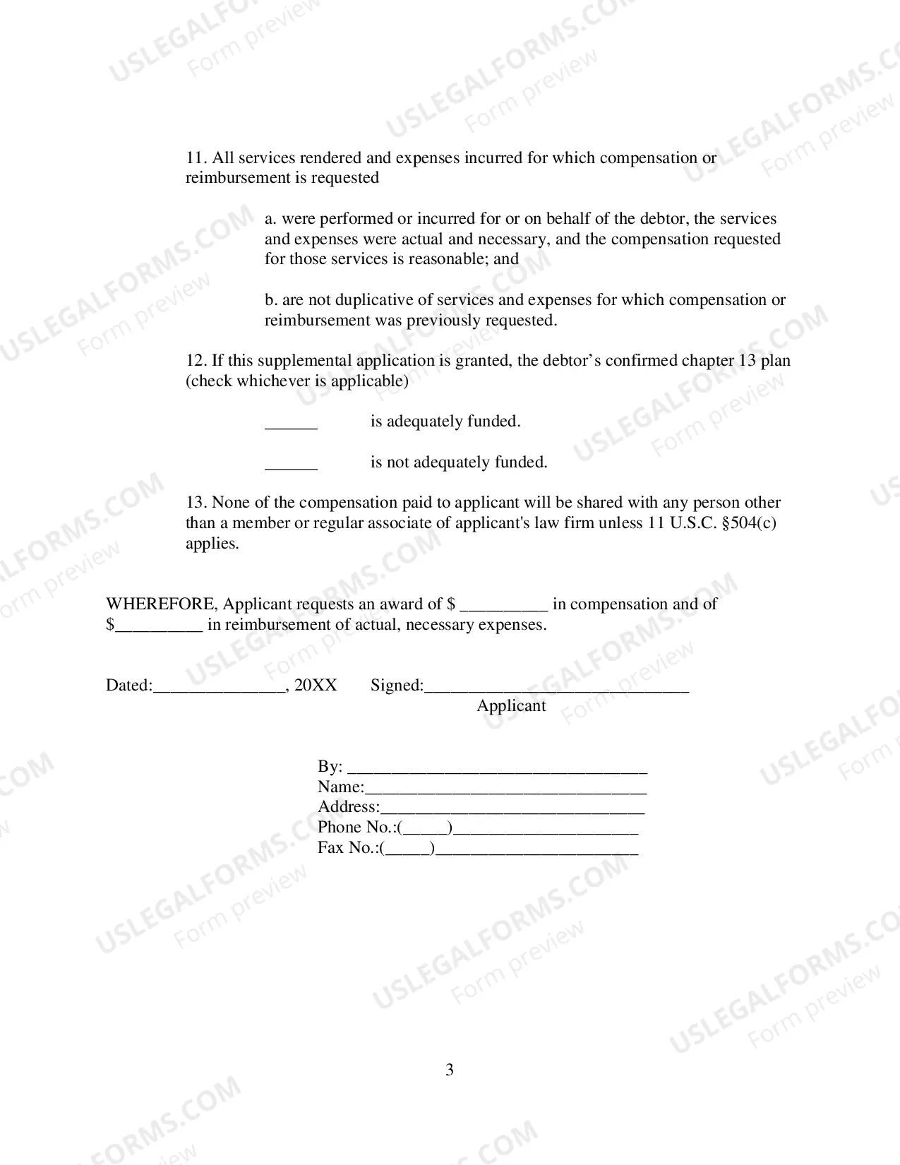 Preview Supplemental Application For Compensation And Reimbursement of Expenses (Chapter 13)