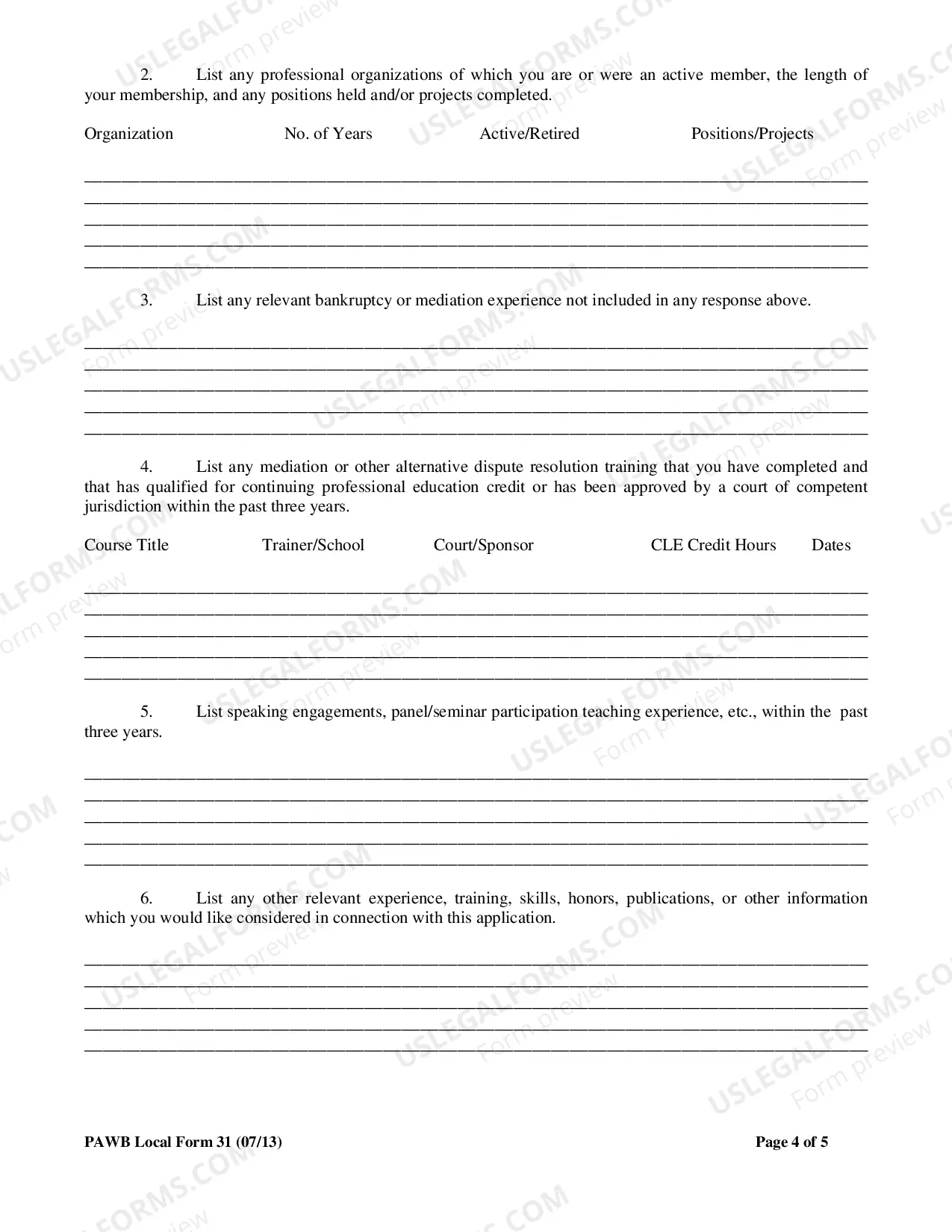 Preview Application For Admission to Bankruptcy Mediation Program Register