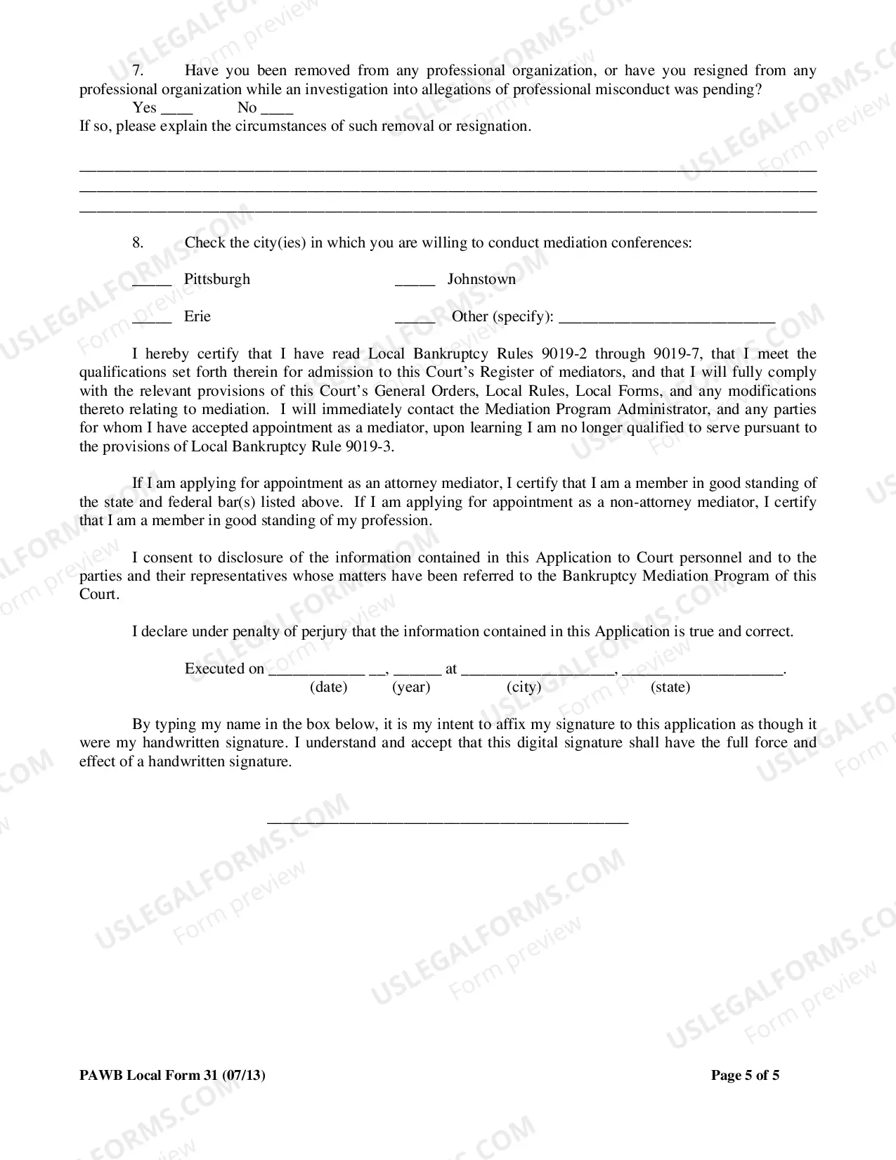 Preview Application For Admission to Bankruptcy Mediation Program Register