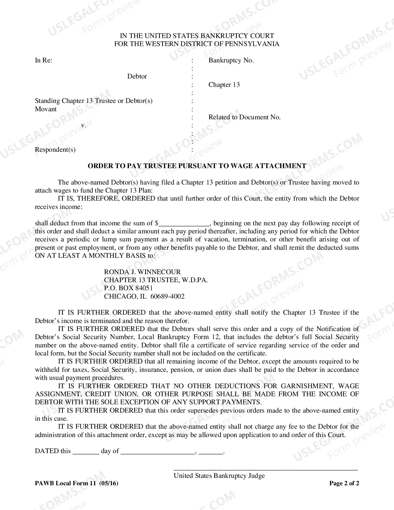 Preview Ex Parte Motion For Order to Pay Trustee Pursuant to Wage Attachment