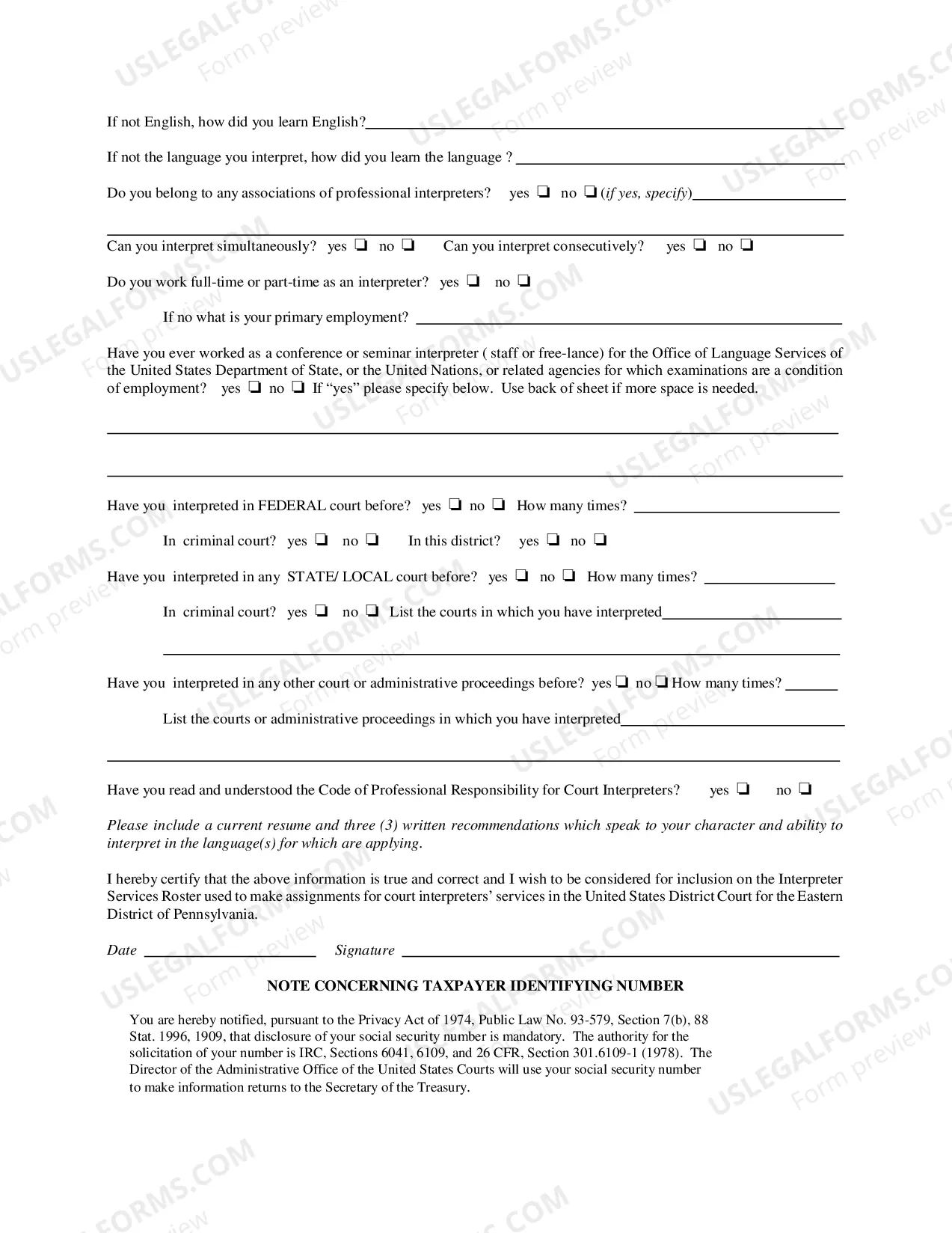 Preview Questionnaire For Prospective Interpreters
