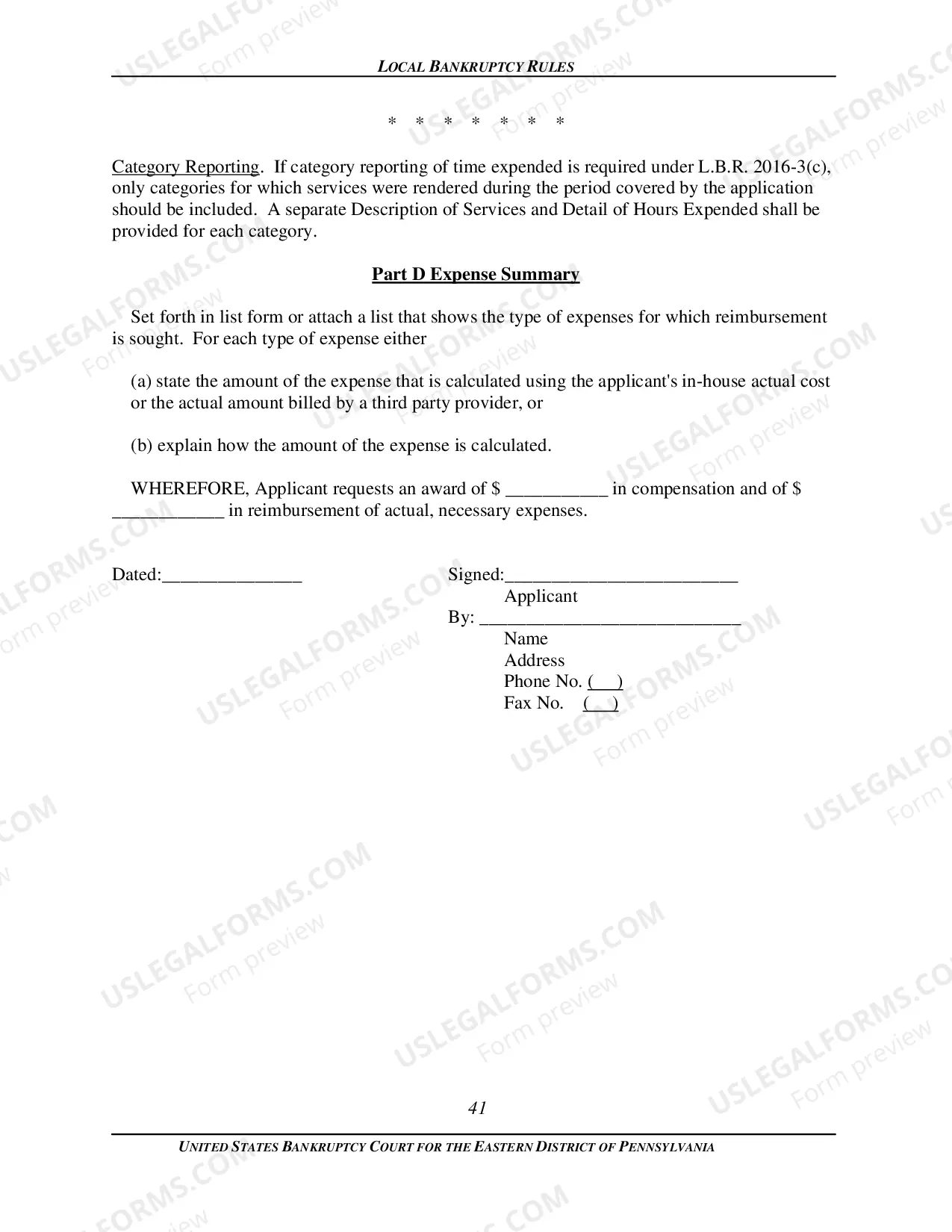 Preview Local Bankruptcy Form 2016-3, Application for Compensation or Reimbursement of Expenses