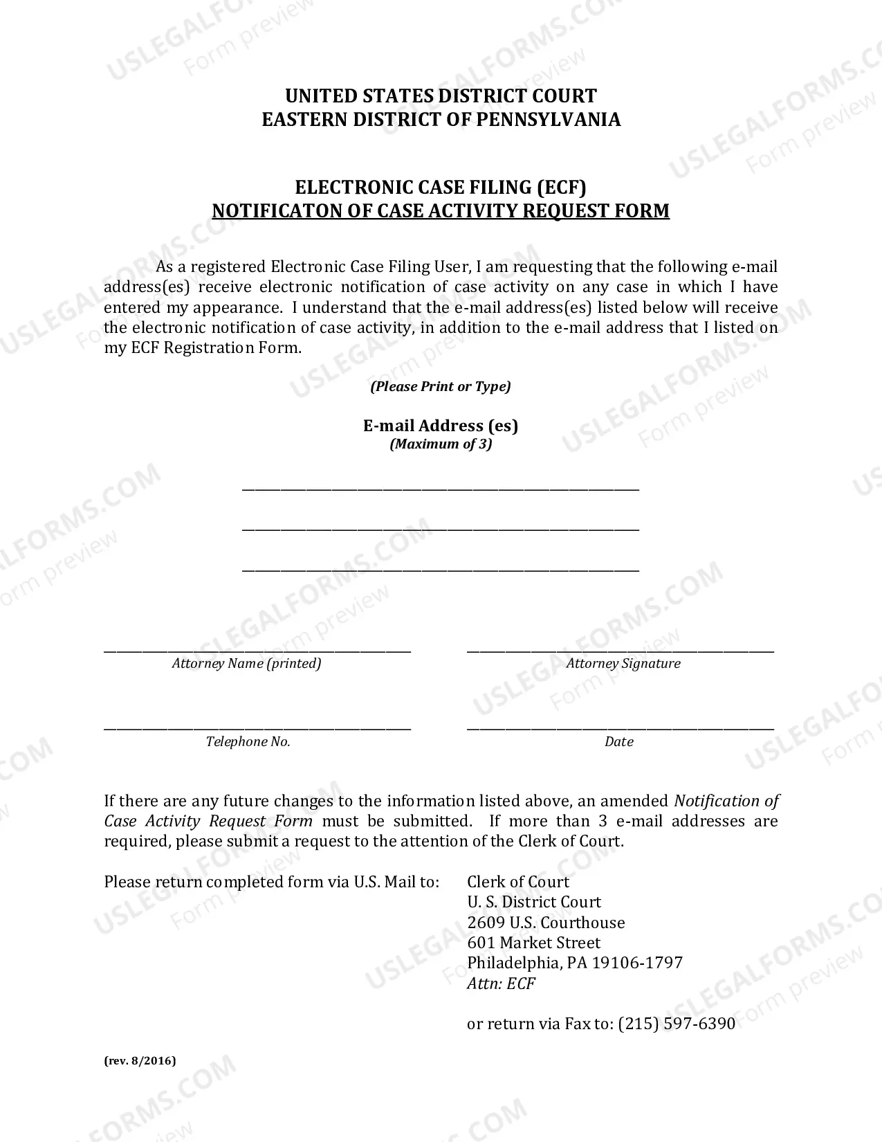 Preview Electronic Case Filing (ECF) Account Registration Form and Notification of Case Activity Request Form