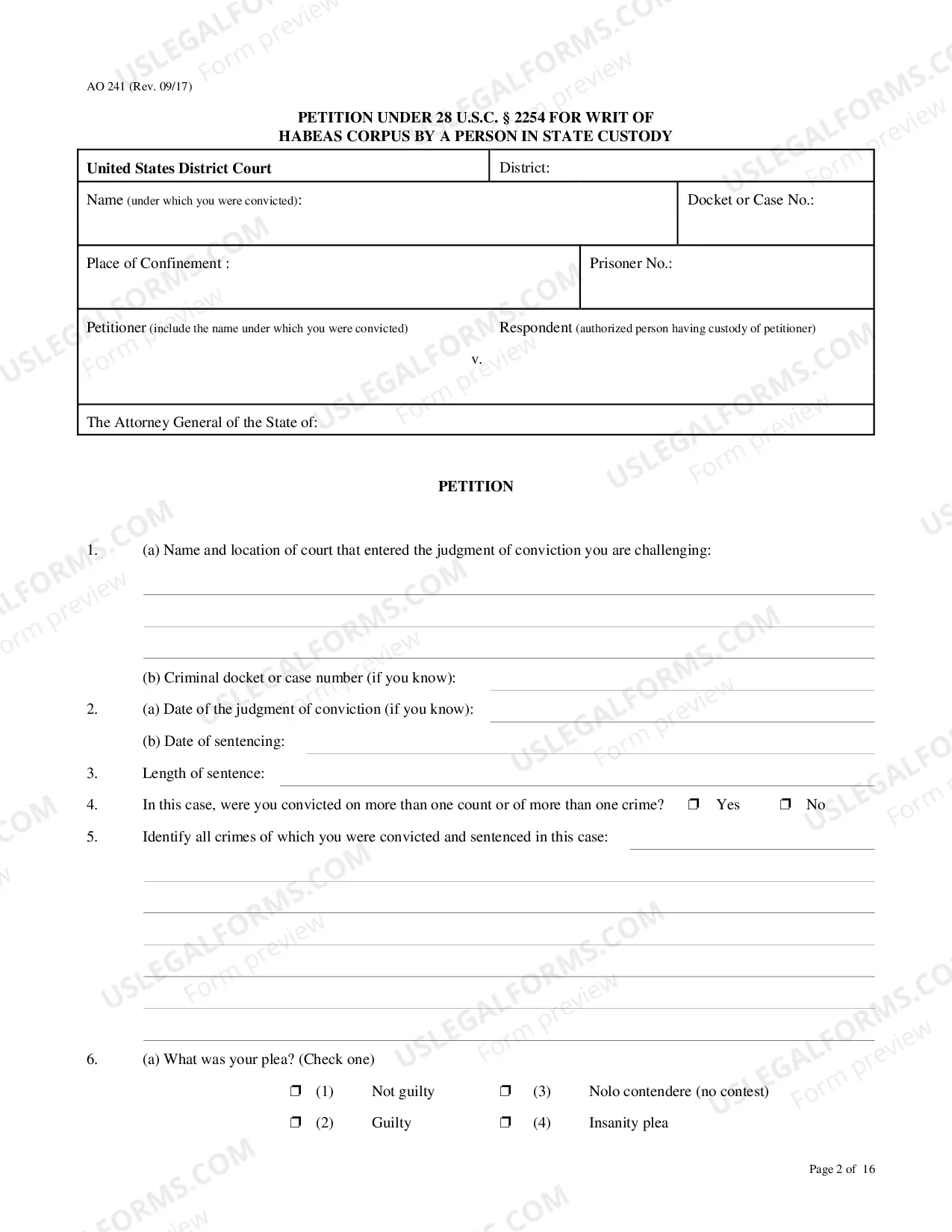 Preview Petition For Relief From Conviction-Sentence (Person In State Custody)
