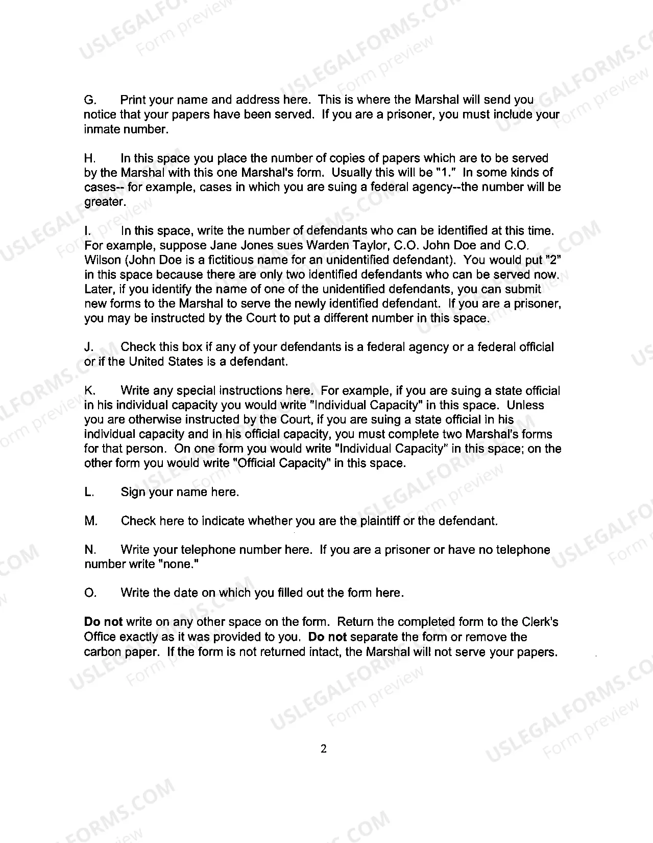 Preview USM Form 285-Process Receipt and Return and Instructions for Service of Process by U.S. Marshal