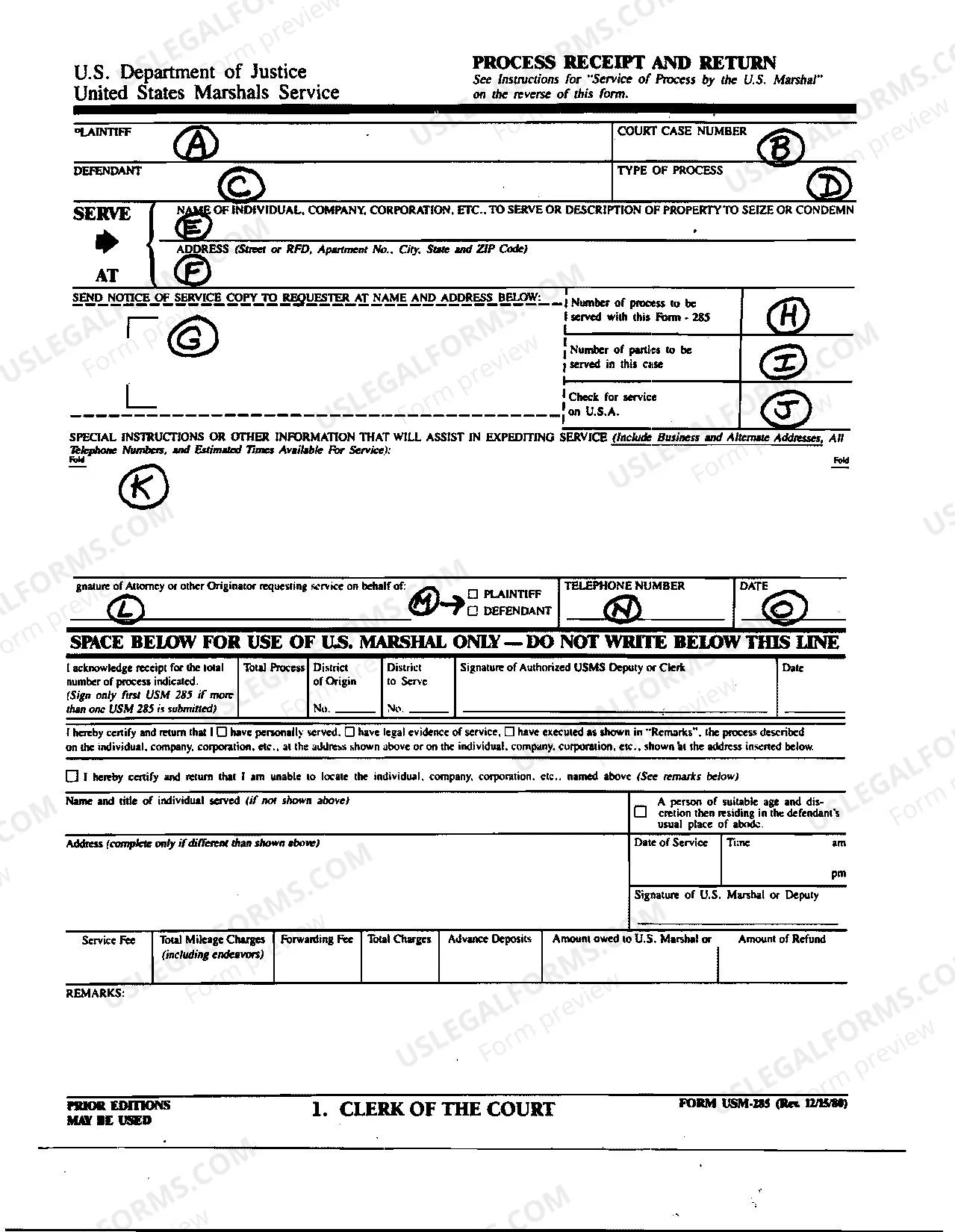 Preview USM Form 285-Process Receipt and Return and Instructions for Service of Process by U.S. Marshal
