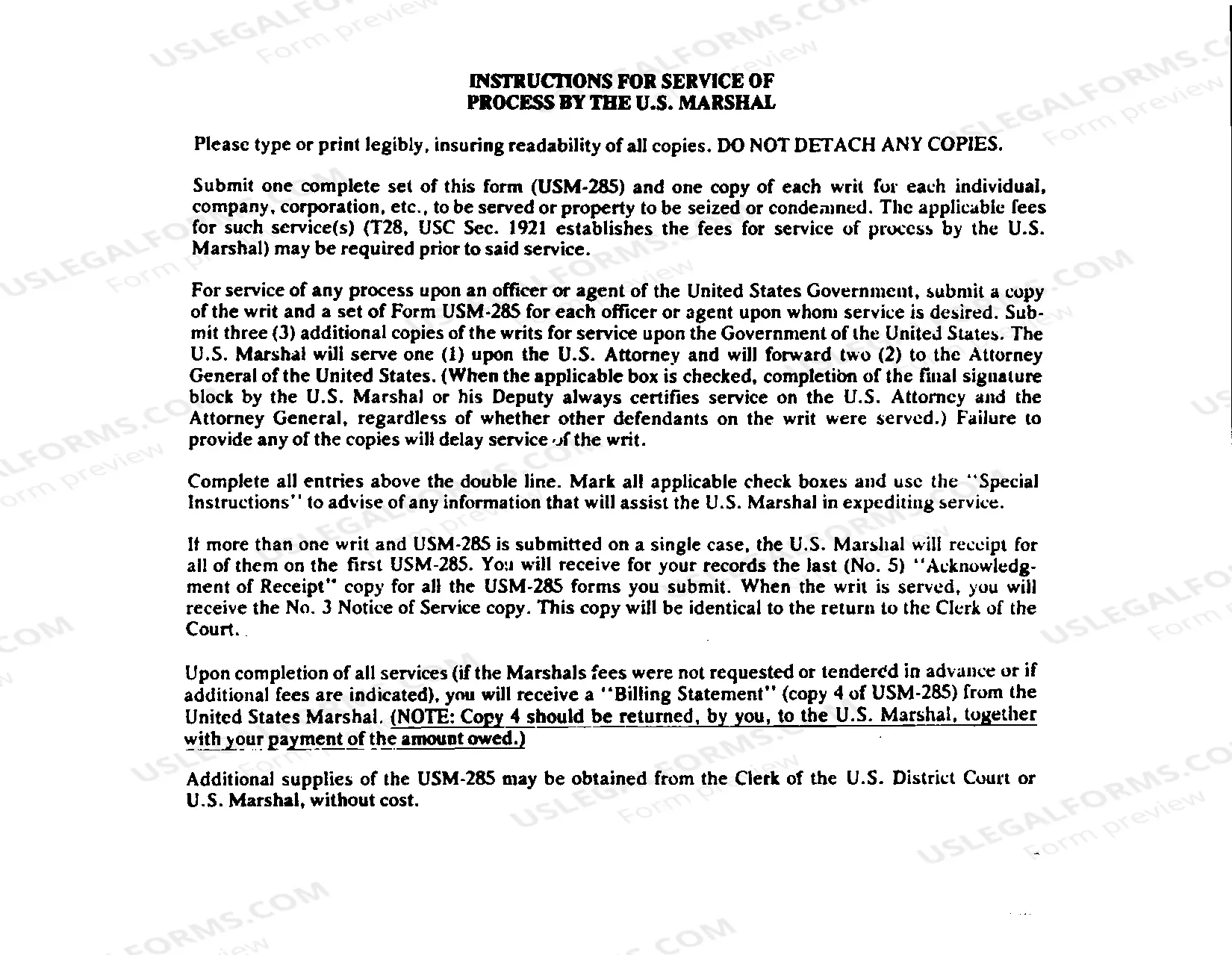 Preview USM Form 285-Process Receipt and Return and Instructions for Service of Process by U.S. Marshal