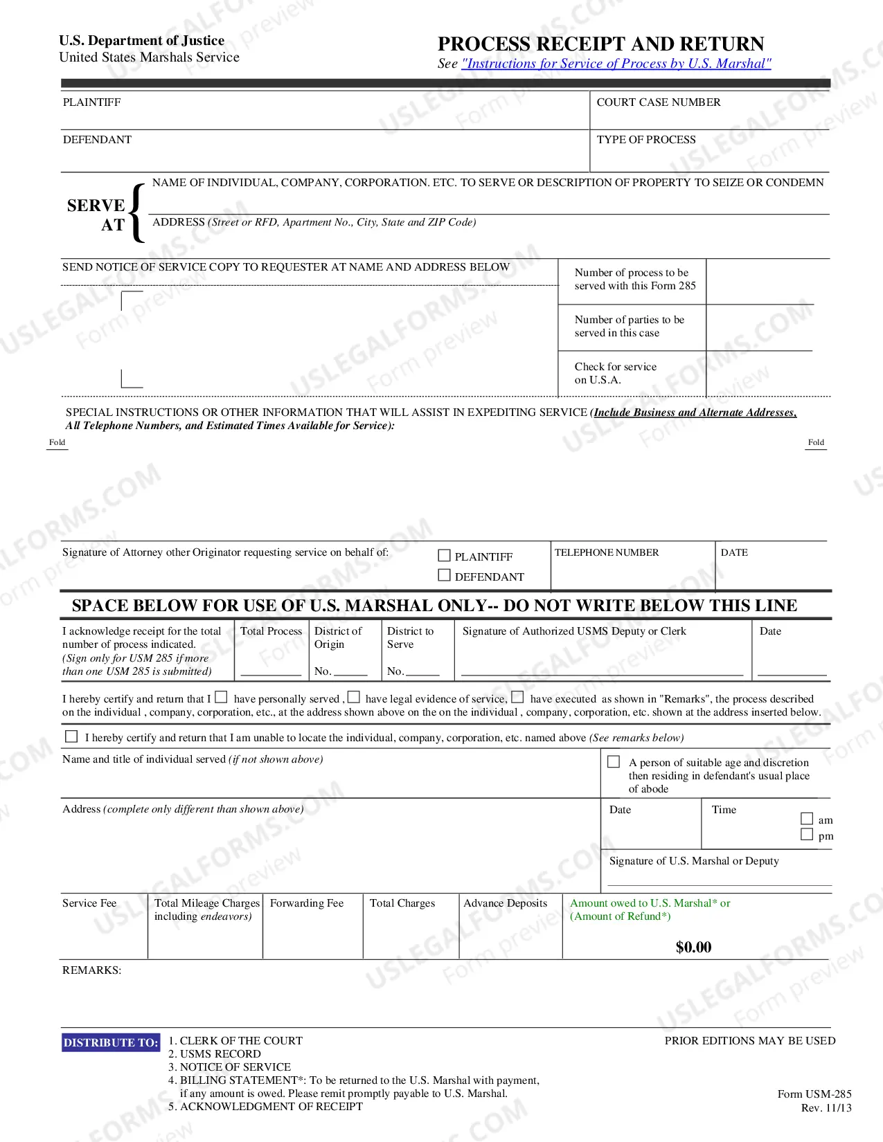 Preview USM Form 285-Process Receipt and Return and Instructions for Service of Process by U.S. Marshal