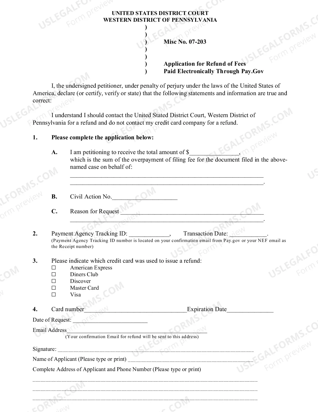 Preview Application For Refund of Fees Paid Electronically Through Pay.Gov