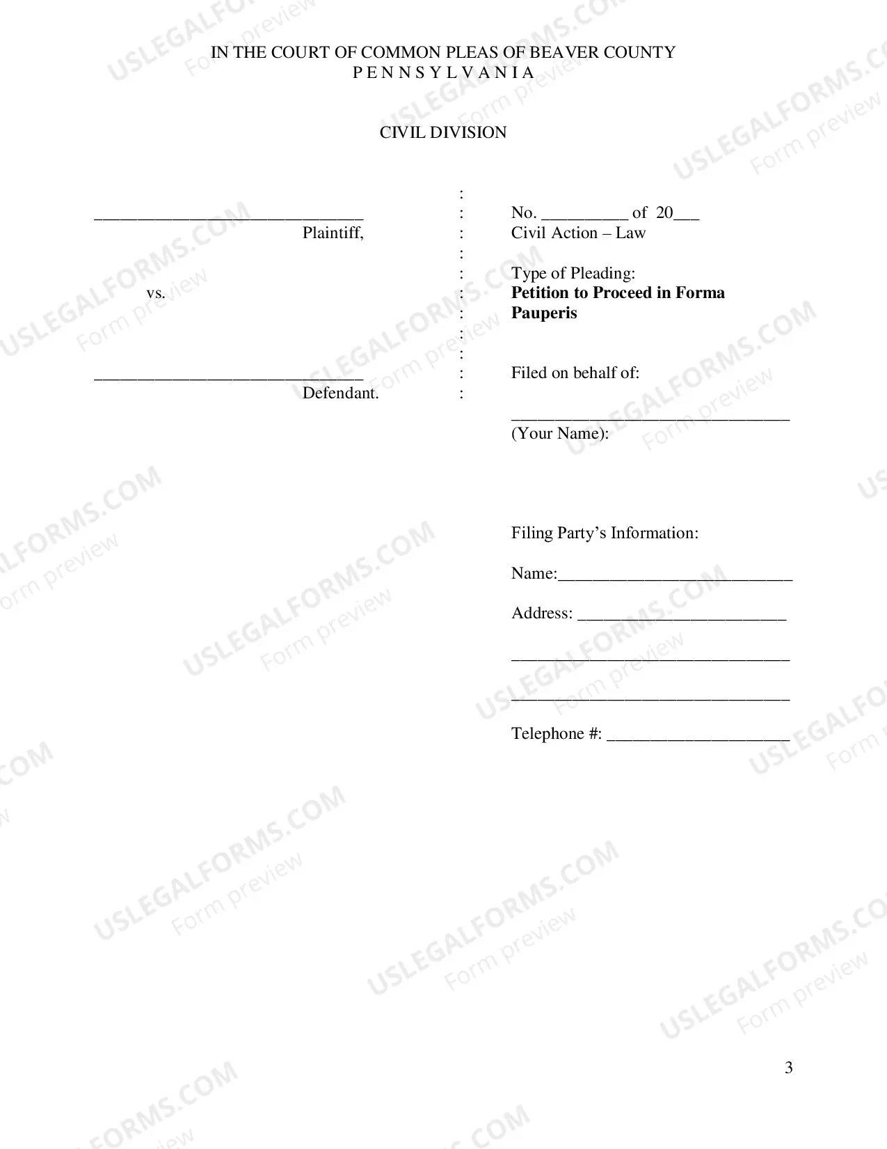 Preview Petition, Affidavit & Order for IFP