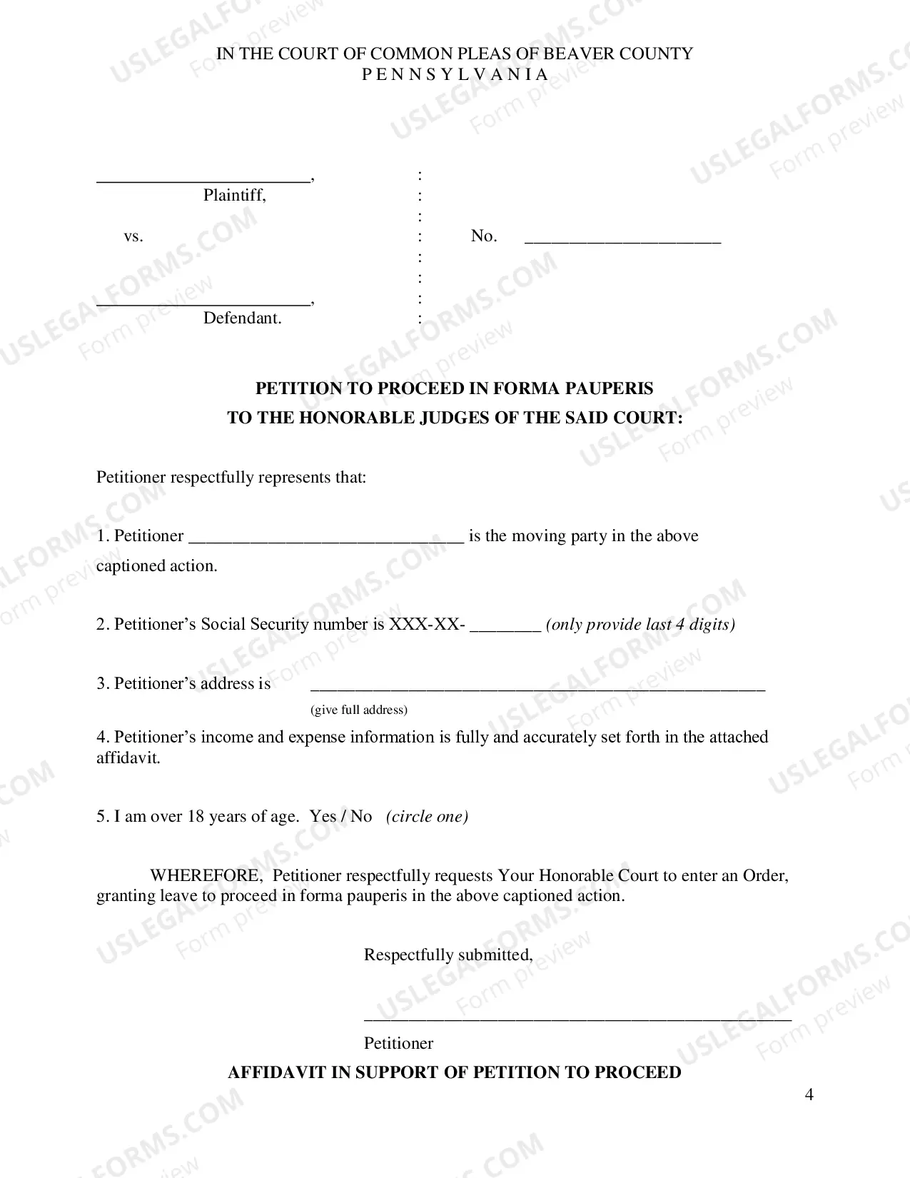 Preview Petition, Affidavit & Order for IFP