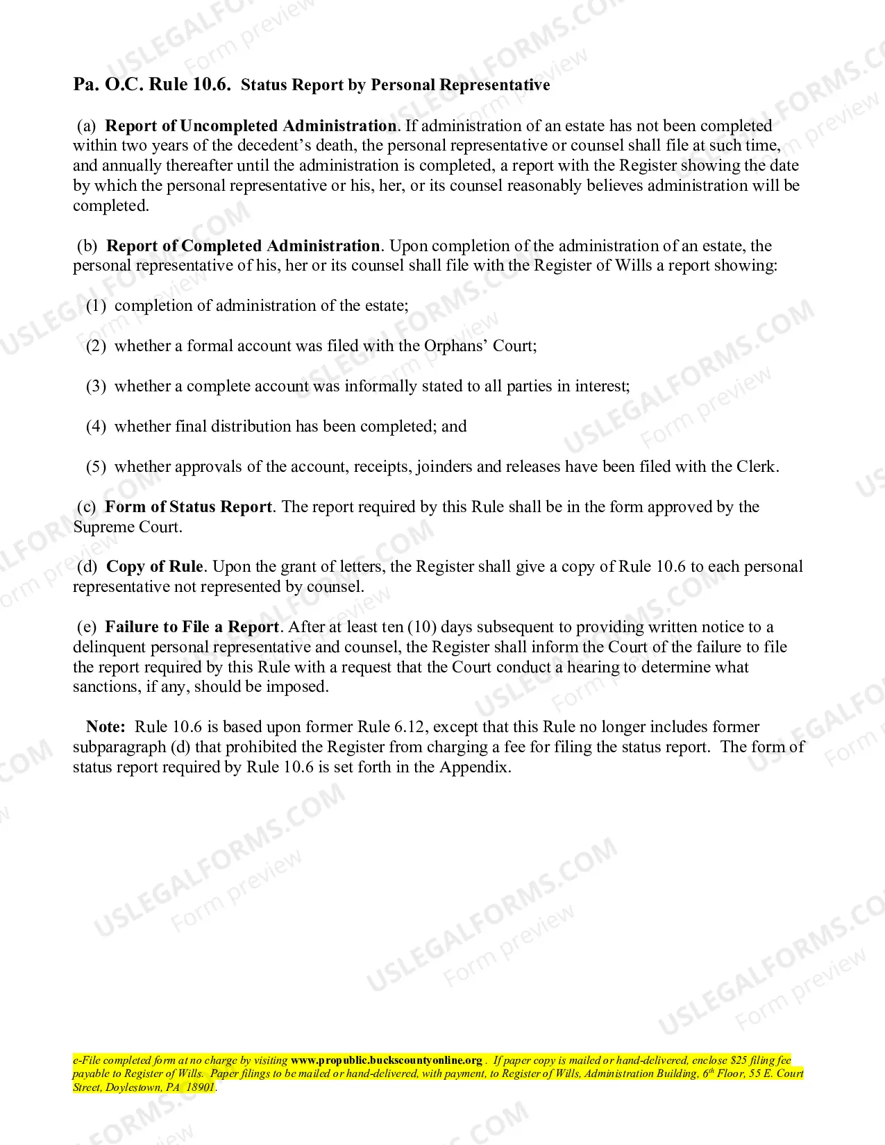 Preview Status Report Under Rule 10.6