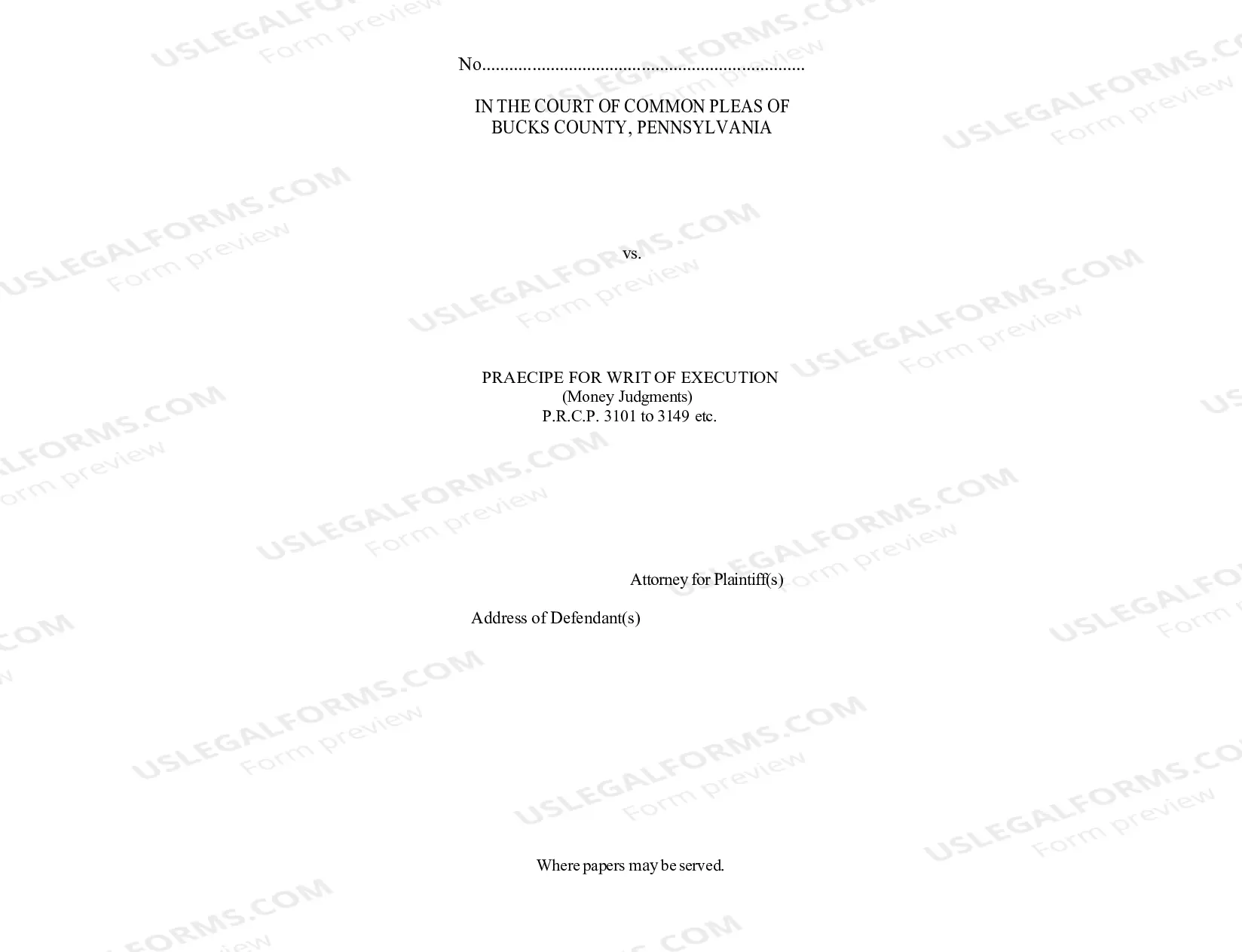 Preview Praecipe For Writ of Execution Money Judgment