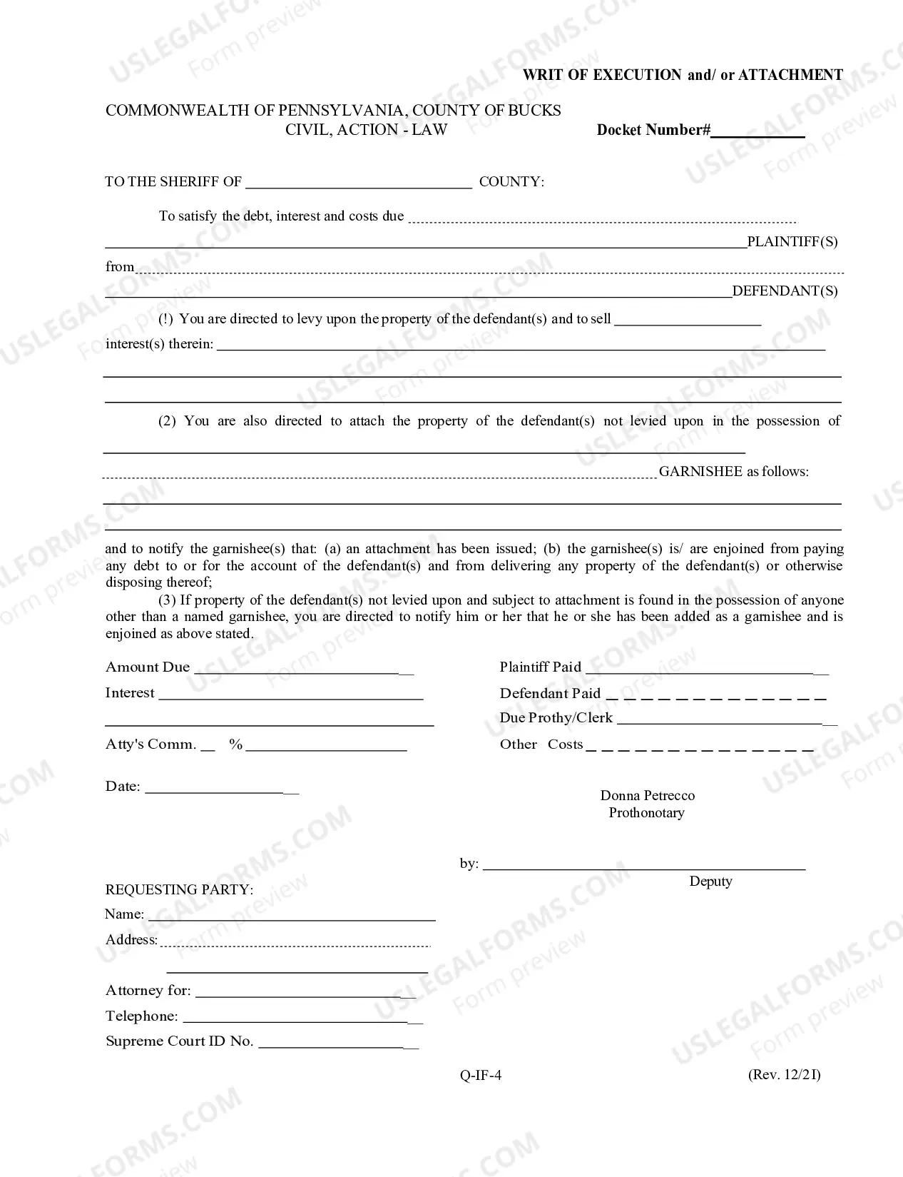 Preview Praecipe For Writ of Execution Money Judgment