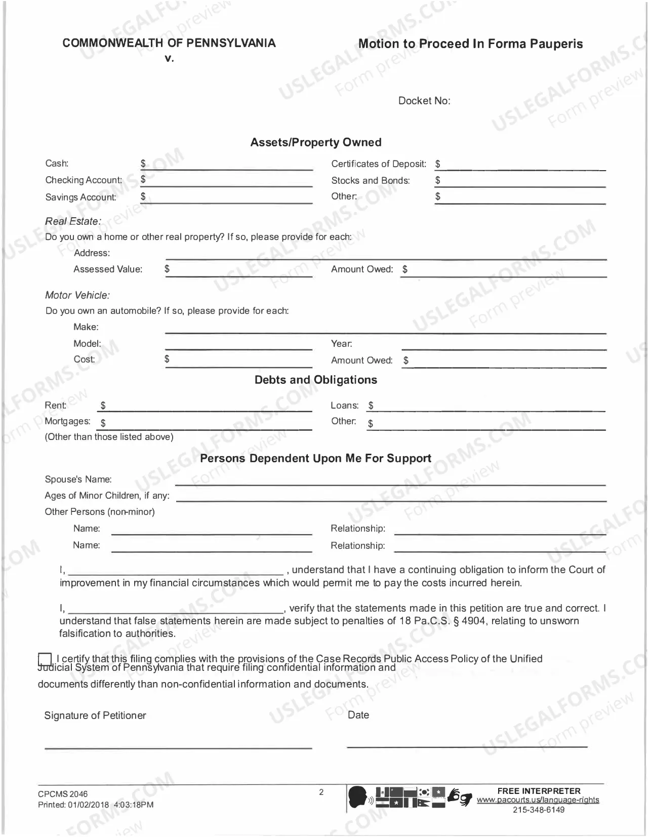 Preview Motion to Proceed In Forma Pauperis