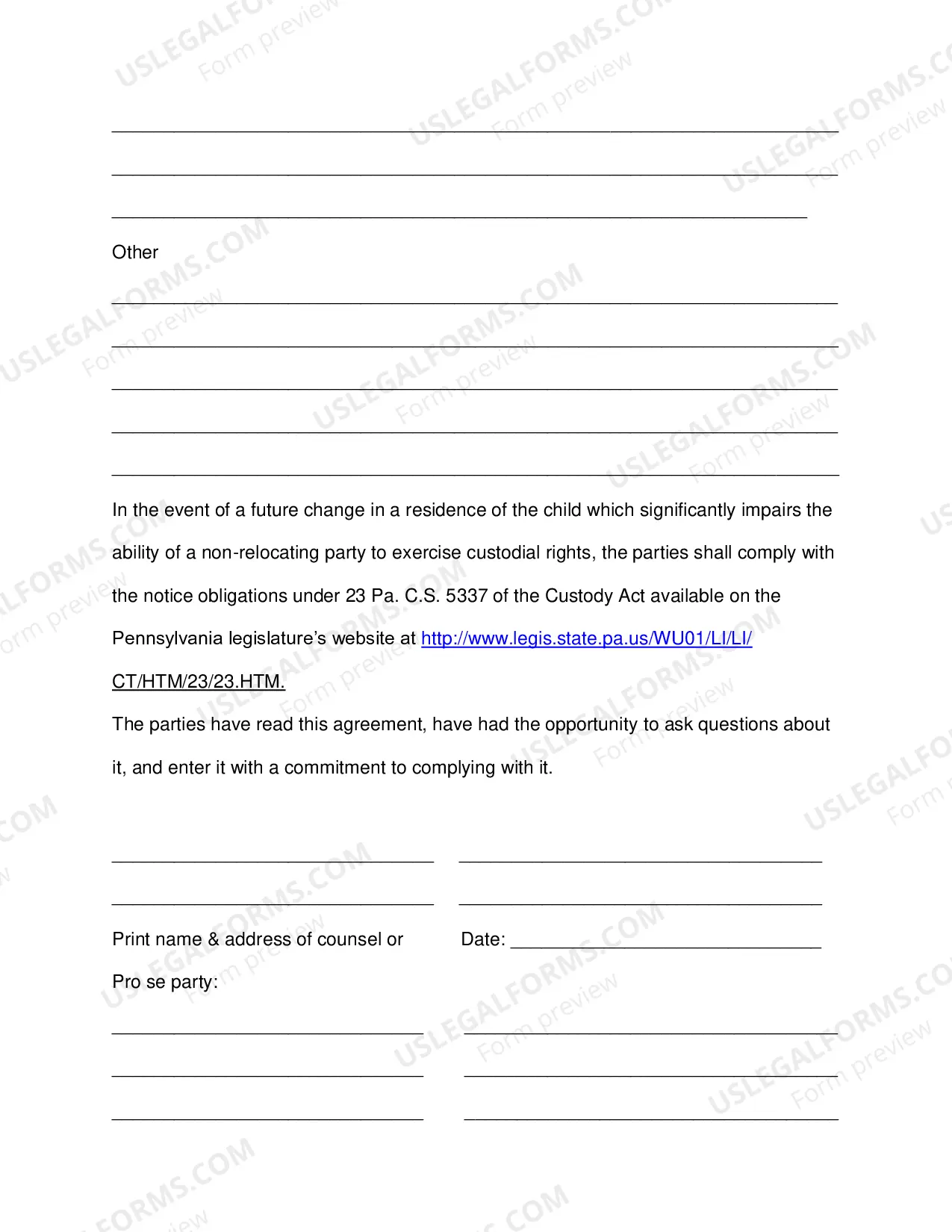 Preview Custody Order Agreement