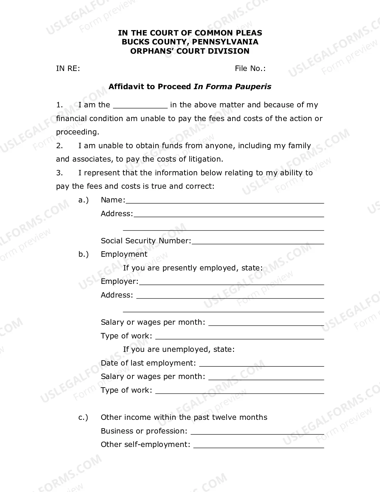 Preview Affidavit to Proceed In Forma Pauperis