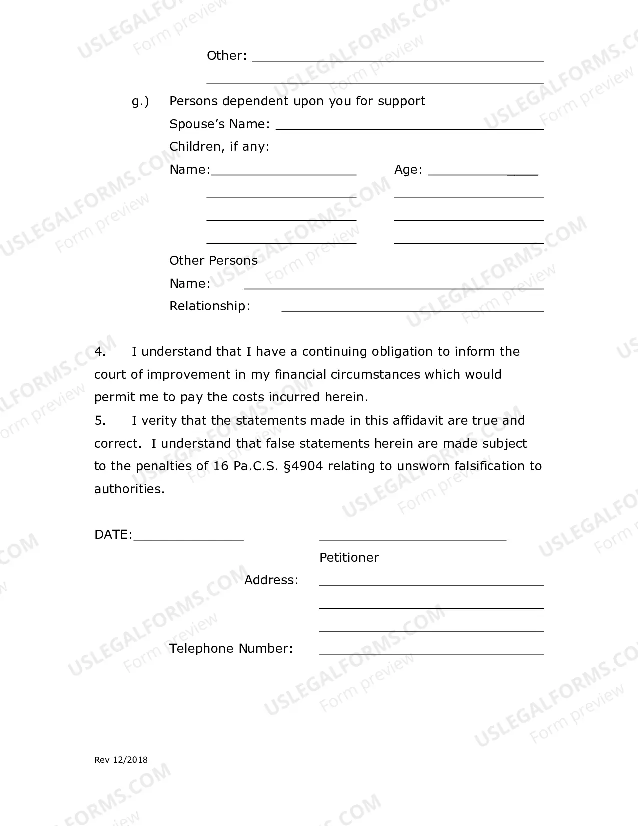 Preview Affidavit to Proceed In Forma Pauperis