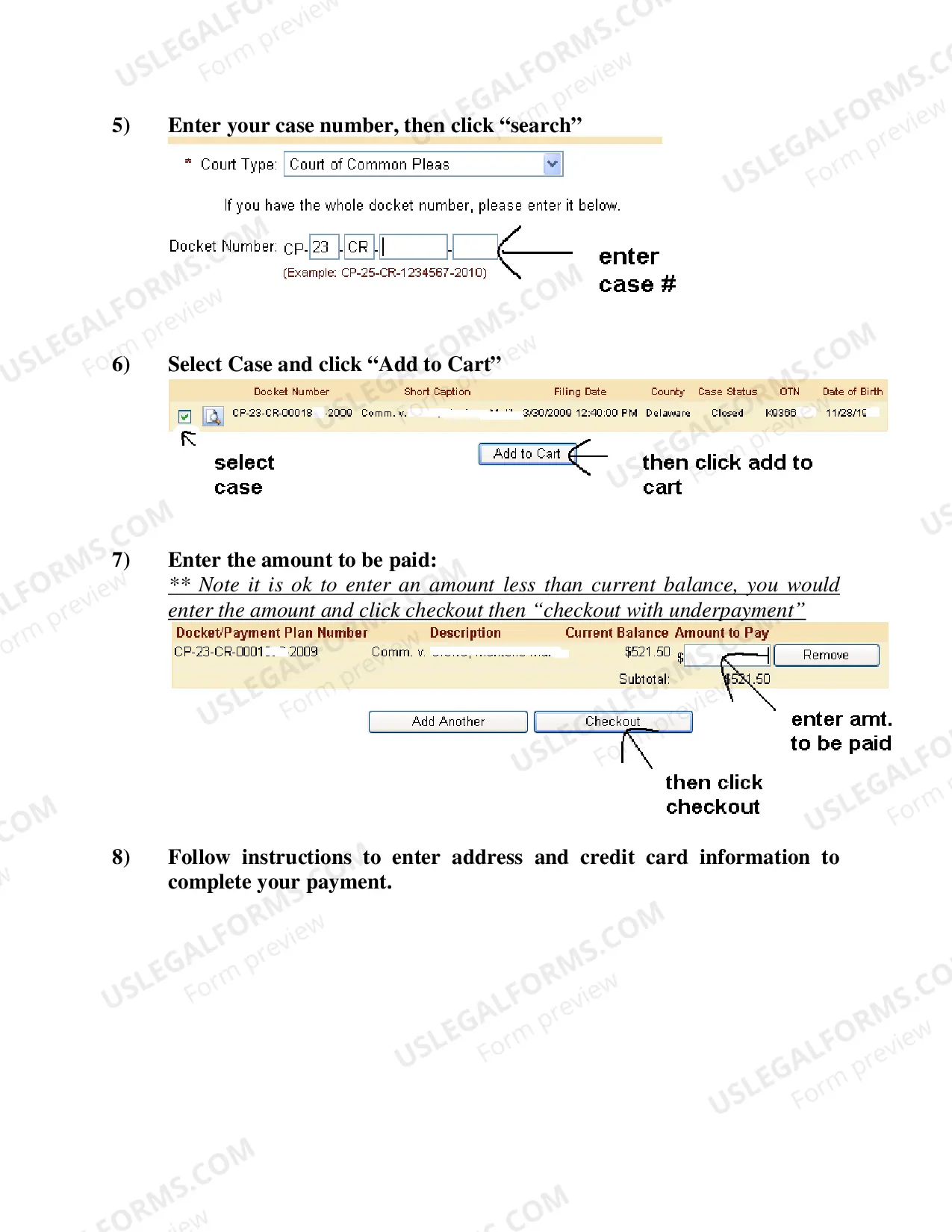 Preview instructions for Using e-Pay - Search by Case Number