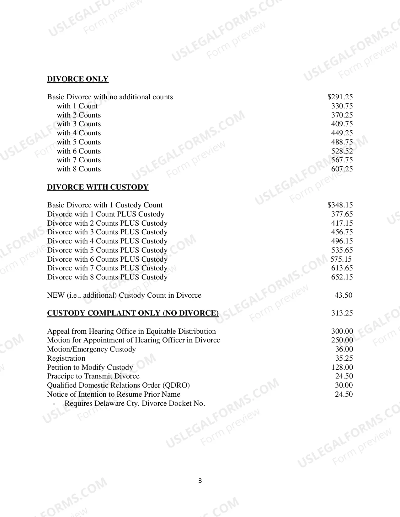 Preview Divorce and Custody Fees