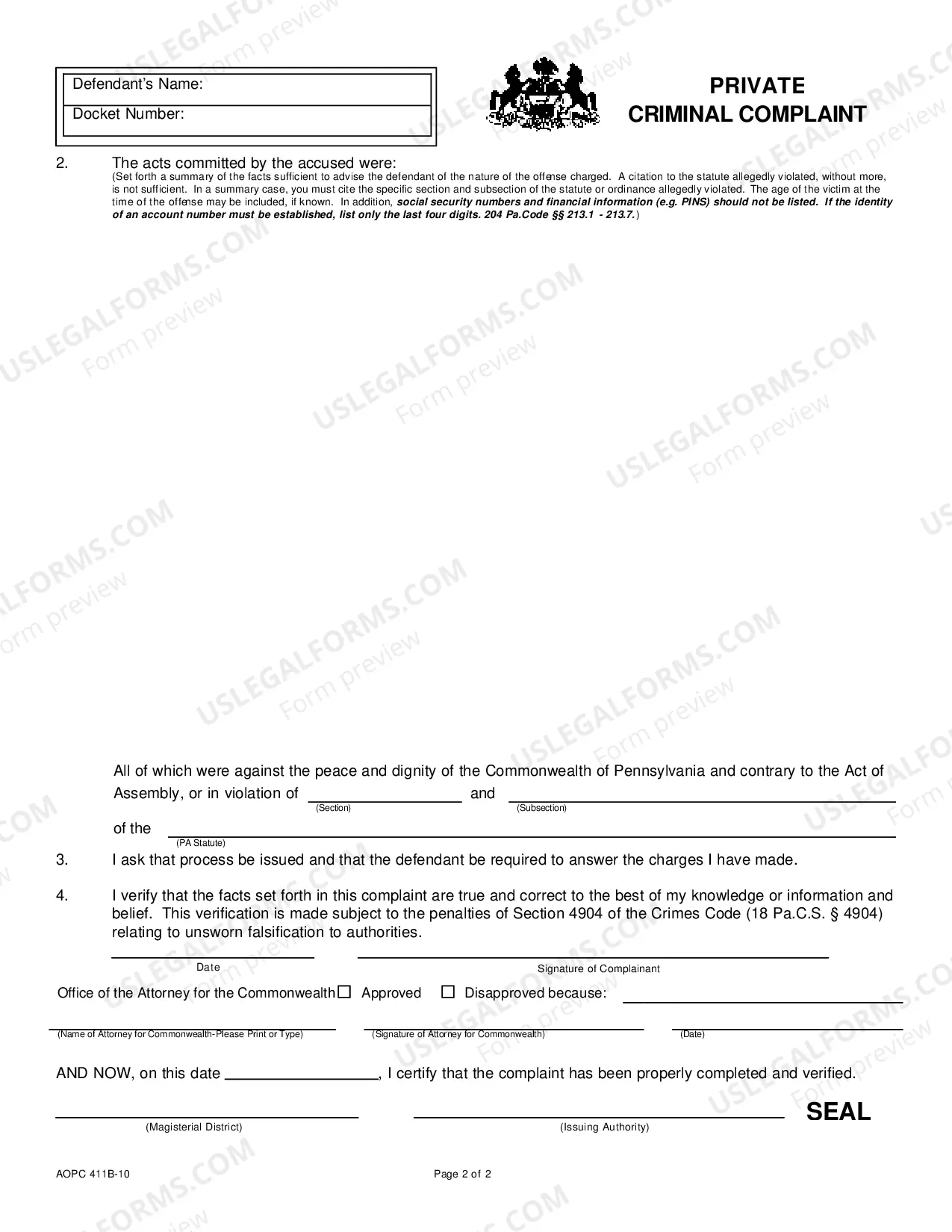 Preview Private Criminal Complaint