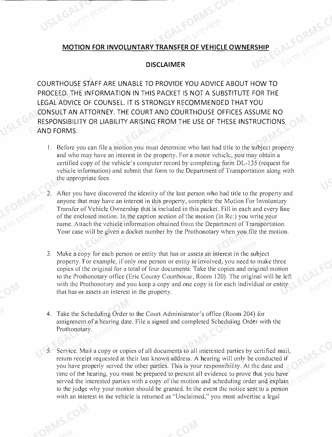 Preview Motion for Transfer of Vehicle Ownership