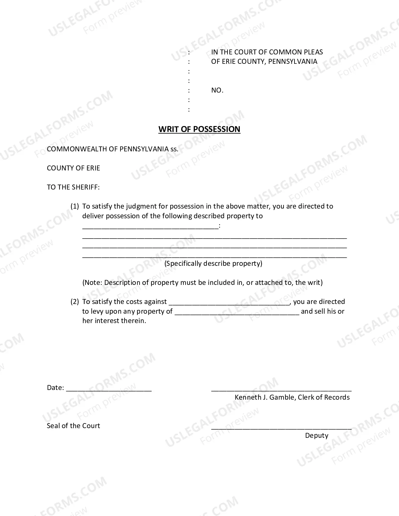 Preview PRAECiPE FOR WRIT of POSSESSION, WRIT
