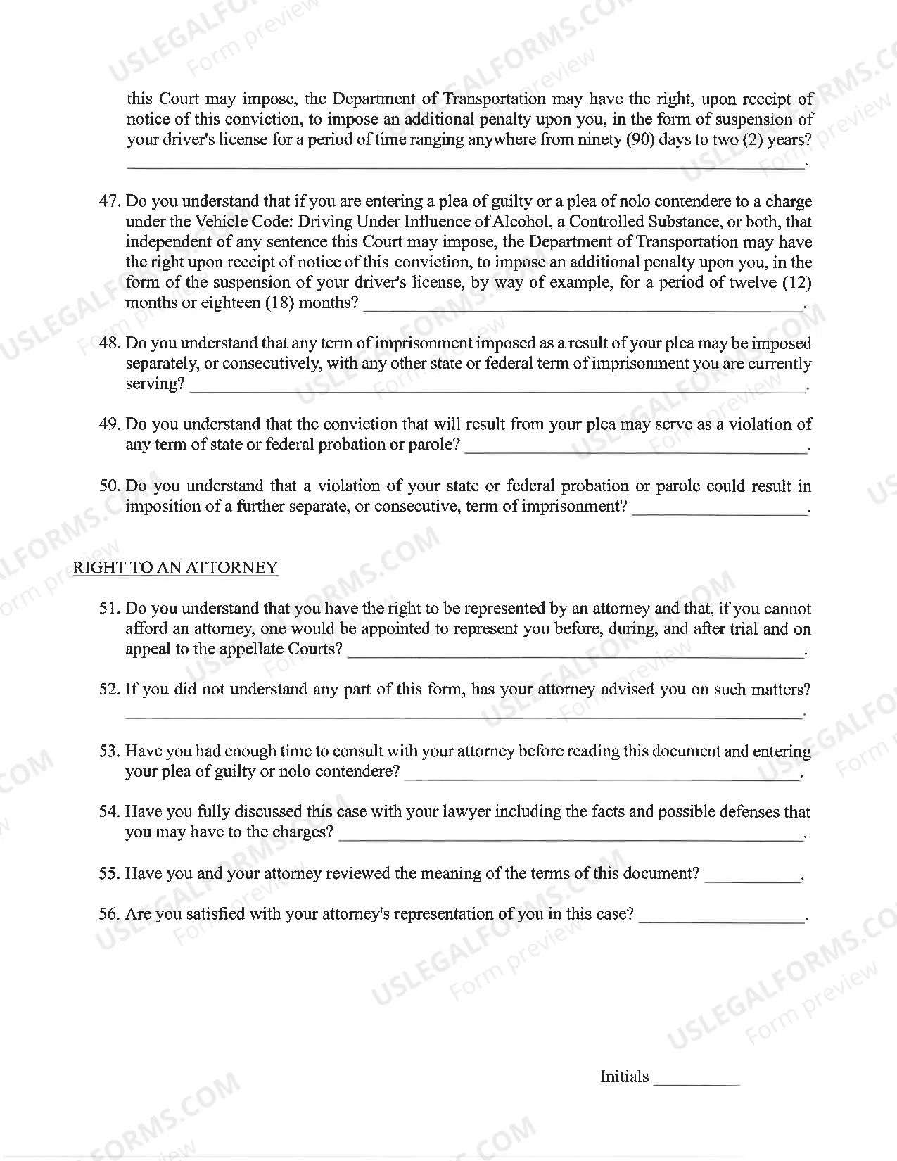 Preview DUi Plea & Sentence form