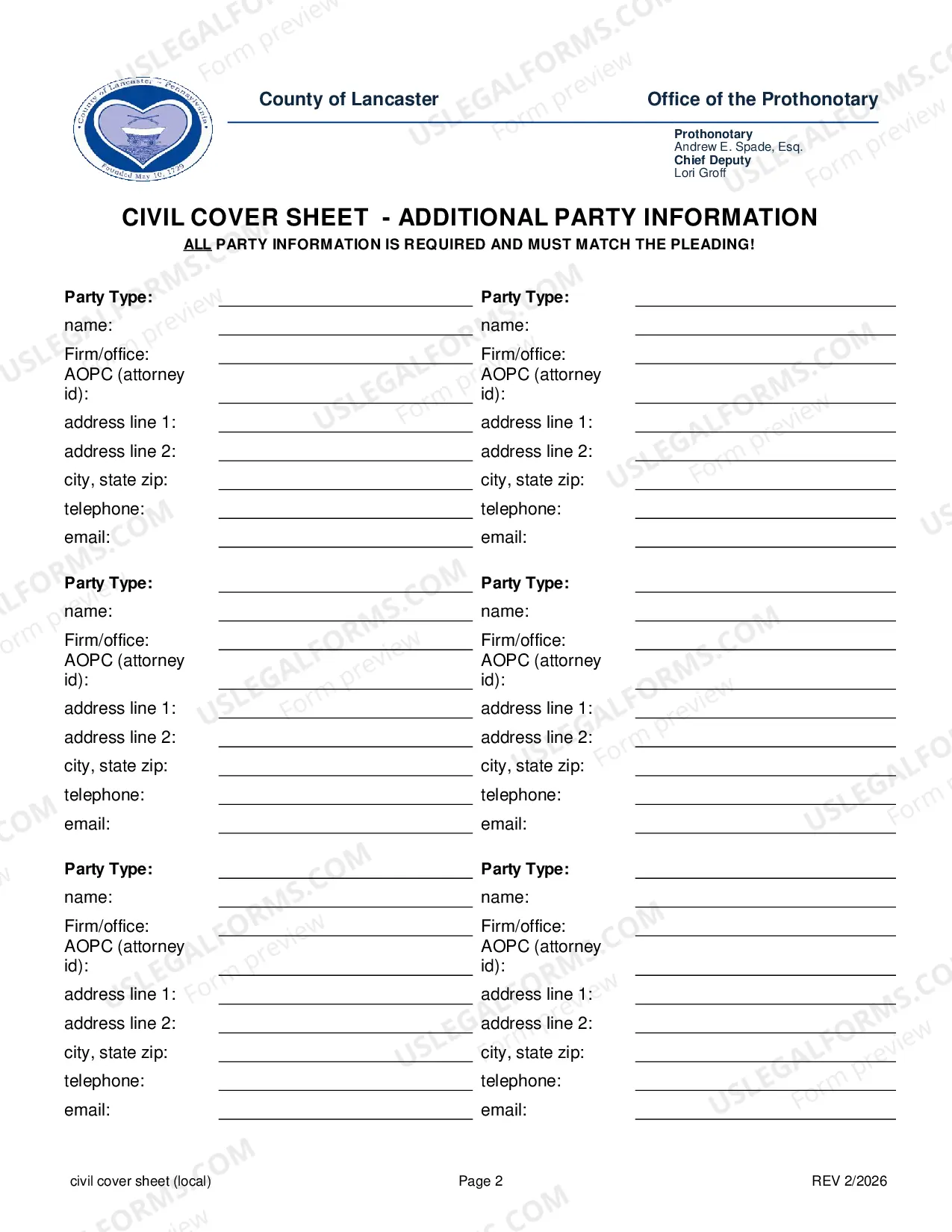Preview Civil Cover Sheet (Prothonotary)