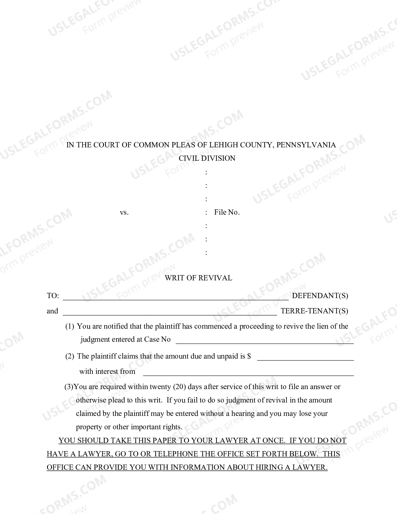Preview Praecipe For Writ of Revival
