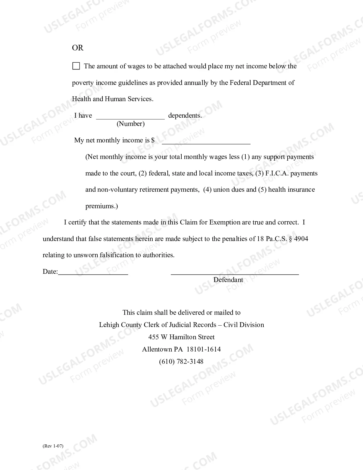 Preview Claim for Exemption from Wage Attachmnet