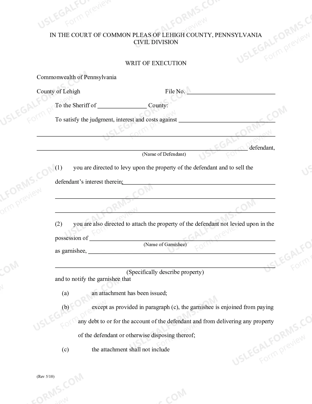 Preview instructions for Praecipe and Writ for Execution/Attachment