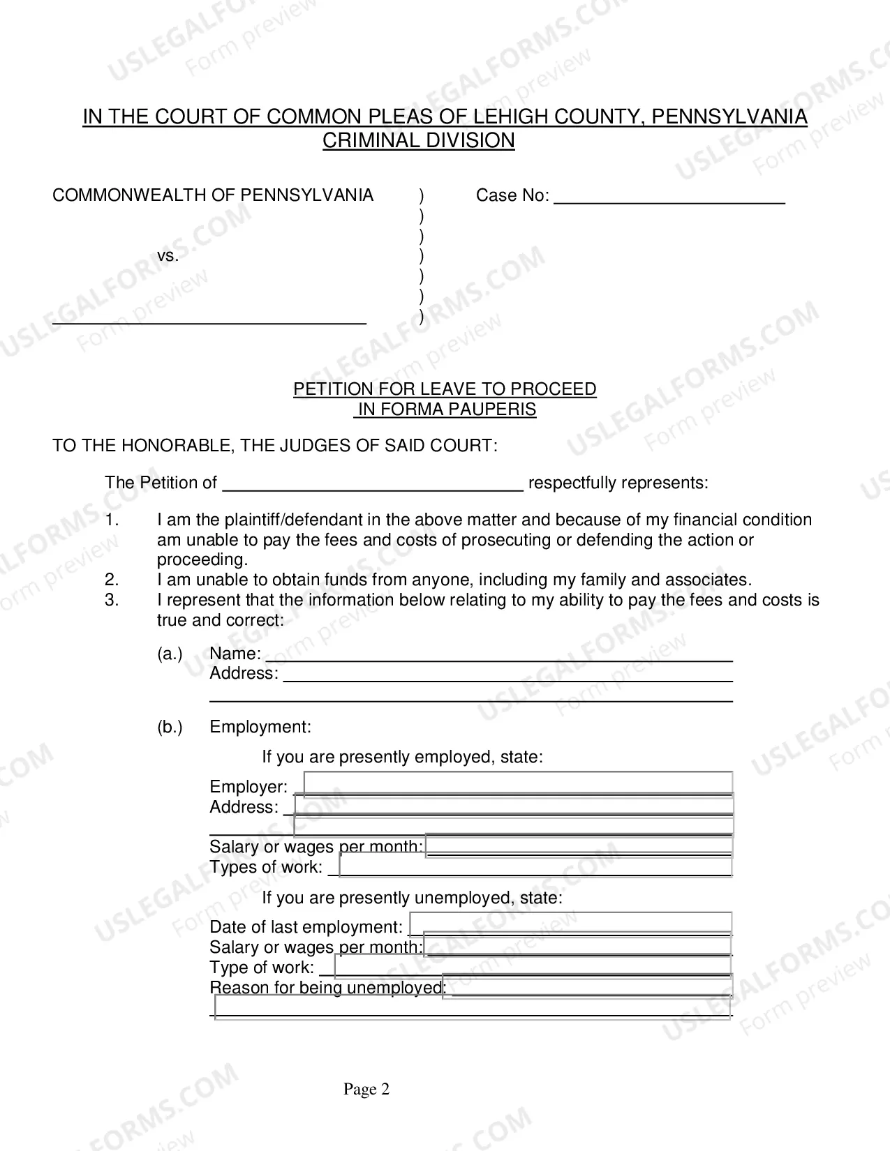 Preview in Forma Pauperis Petition and Order